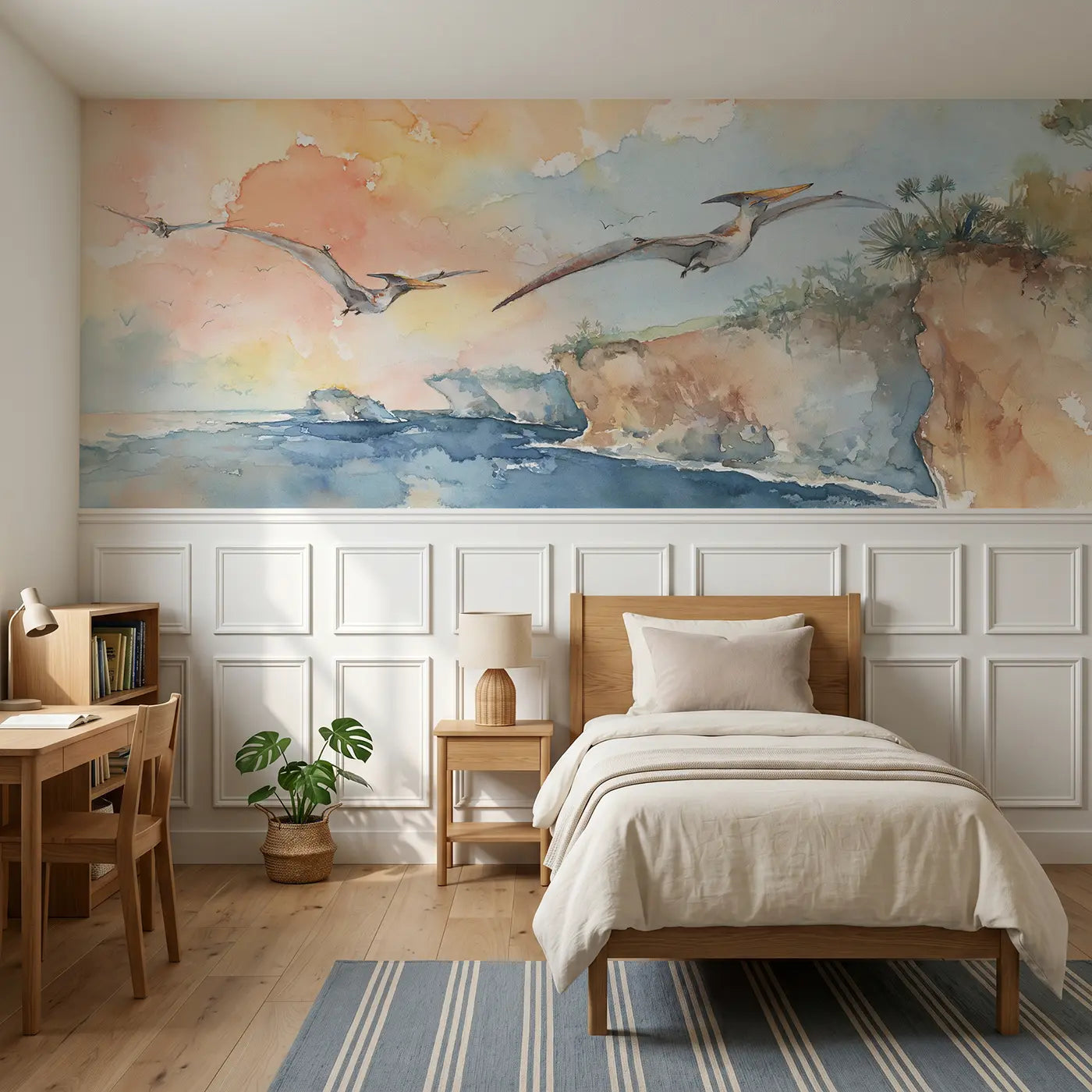 Watercolor pteranodon coastal cliff soar wainscoting wallpaper for bedroom by Whimsy Tots