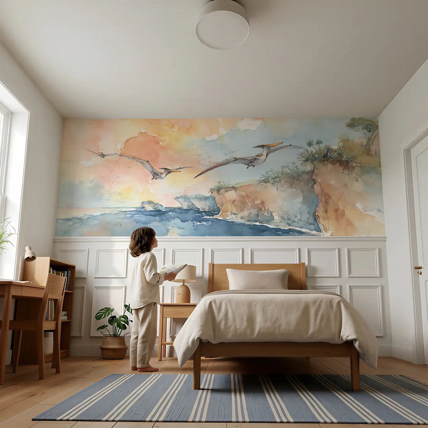 Child reading near Pteranodon Coastal Cliff Soar Wainscoting Wallpaper by Whimsy Tots