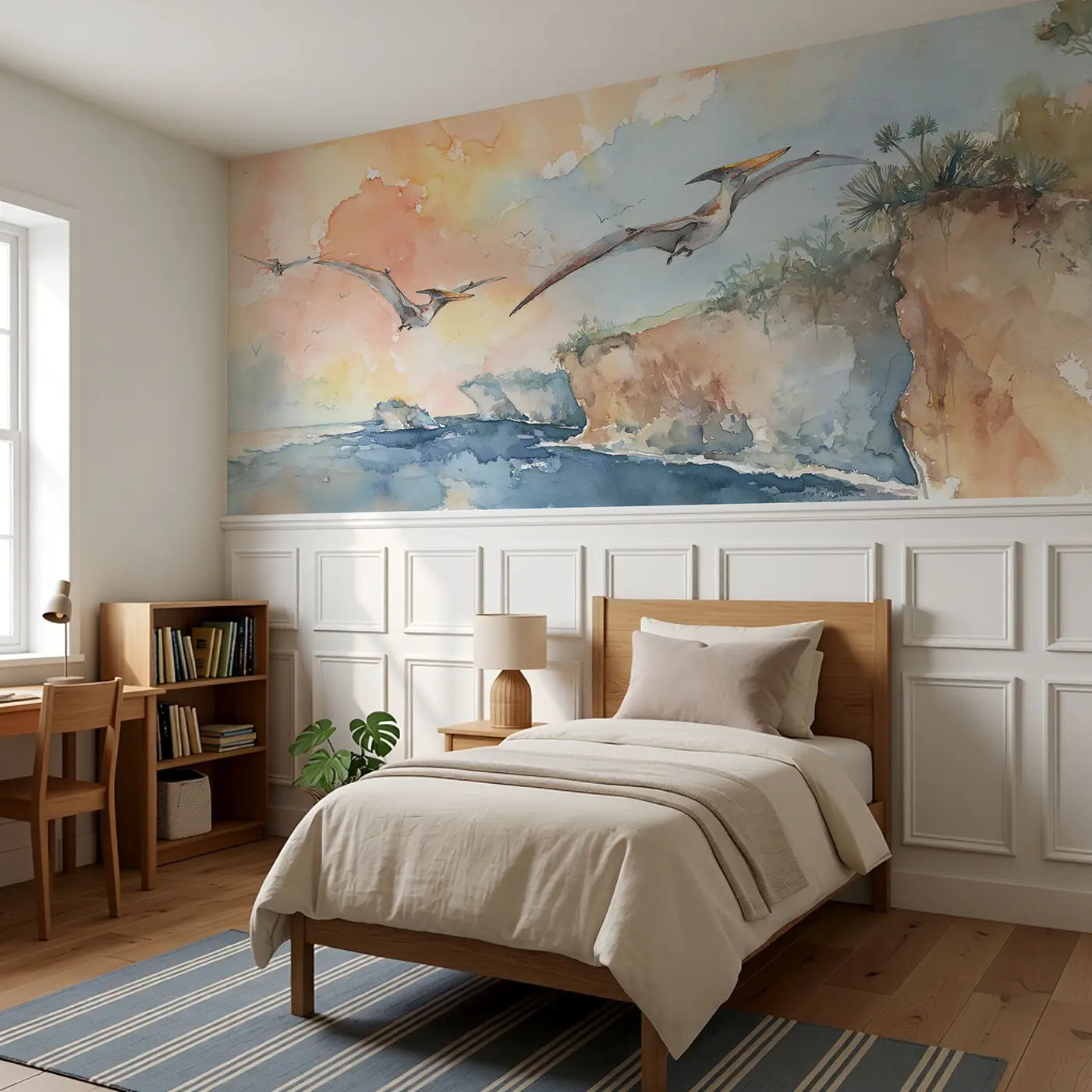Pteranodon Coastal Cliff Soar Wainscoting Wallpaper styled in a kids bedroom by Whimsy Tots