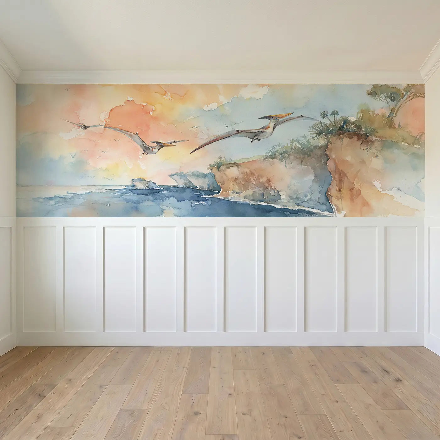 Full panel view of Pteranodon Coastal Cliff Soar Wainscoting Wallpaper by Whimsy Tots