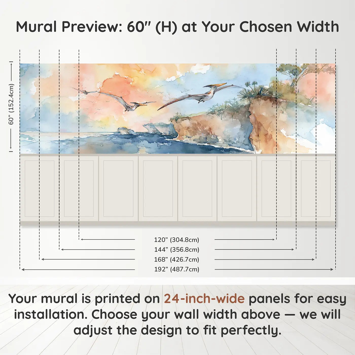 Panel dimensions for Pteranodon Coastal Cliff Soar Wainscoting Wallpaper by Whimsy Tots