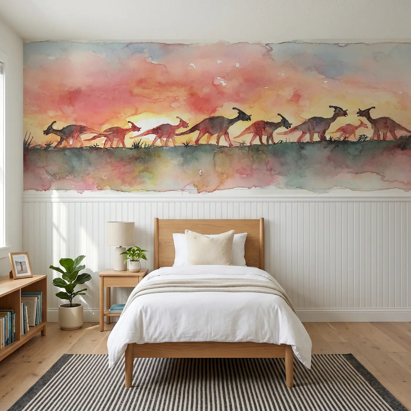 Watercolor parasaurolophus sunset herd wainscoting wallpaper for bedroom by Whimsy Tots