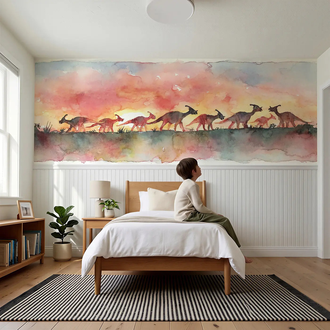 Child reading near Parasaurolophus Sunset Herd Wainscoting Wallpaper by Whimsy Tots