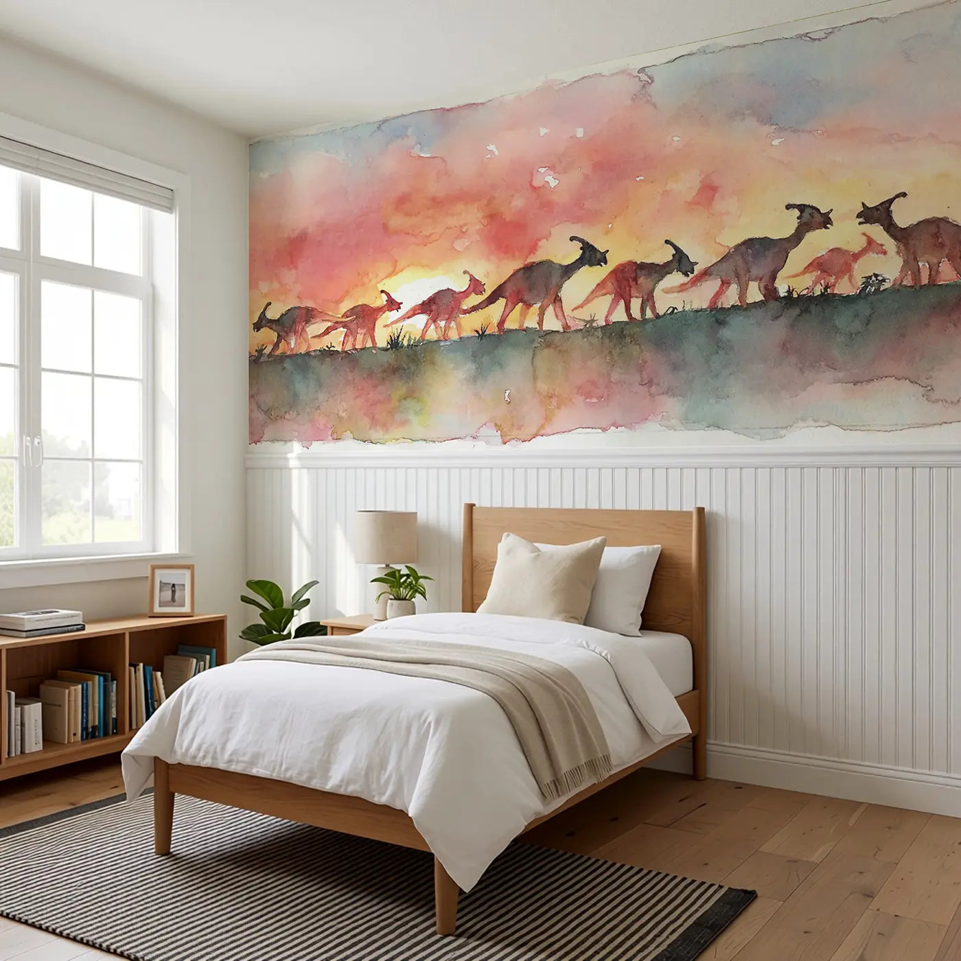 Parasaurolophus Sunset Herd Wainscoting Wallpaper styled in a kids bedroom by Whimsy Tots