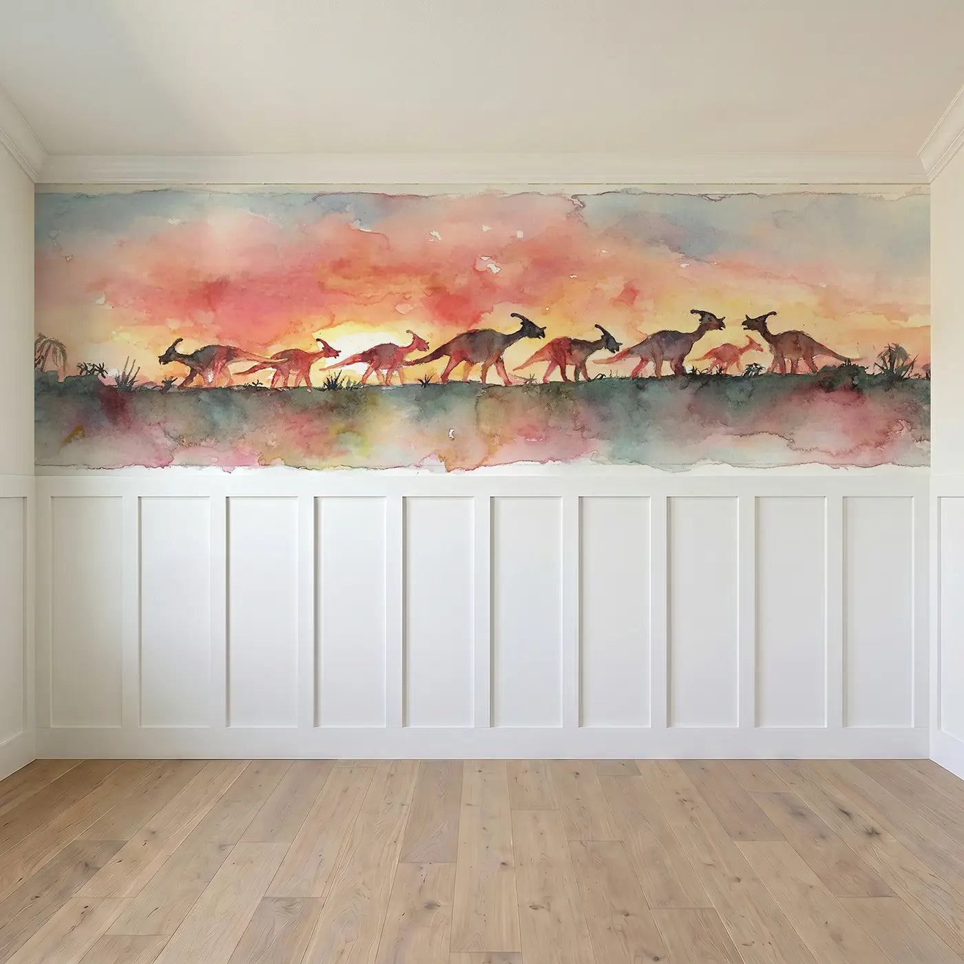 Full panel view of Parasaurolophus Sunset Herd Wainscoting Wallpaper by Whimsy Tots