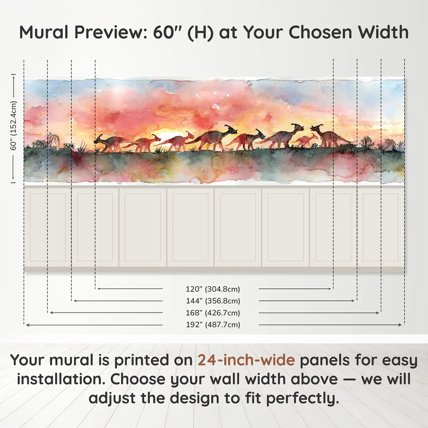 Panel dimensions for Parasaurolophus Sunset Herd Wainscoting Wallpaper by Whimsy Tots