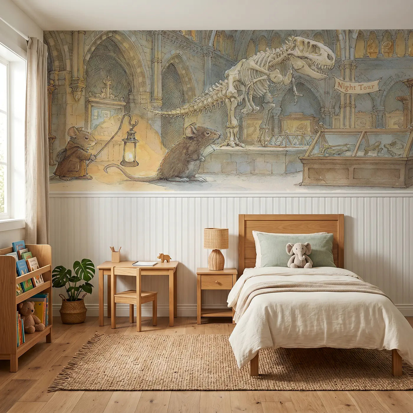 Storybook T-Rex museum night tour wainscoting wallpaper for bedroom by Whimsy Tots