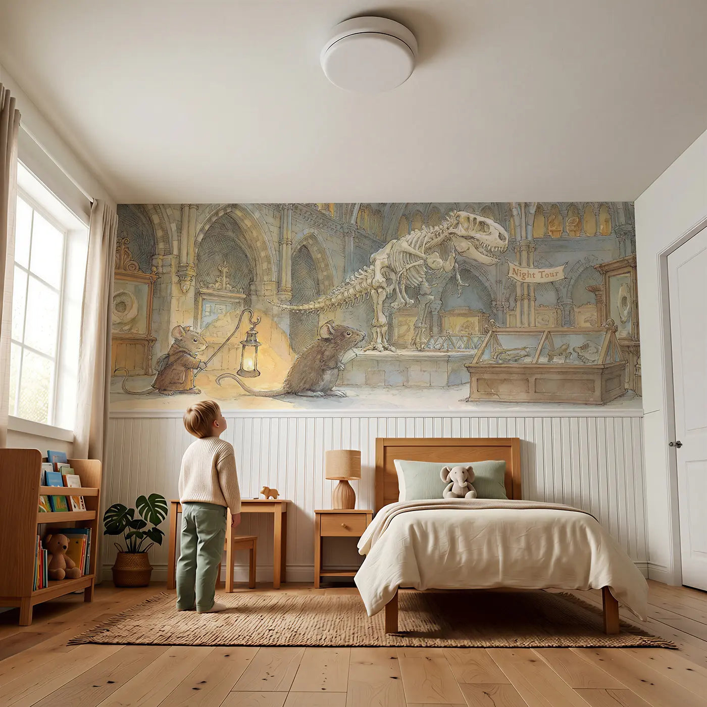 Child reading near T-Rex Museum Night Tour Wainscoting Wallpaper by Whimsy Tots