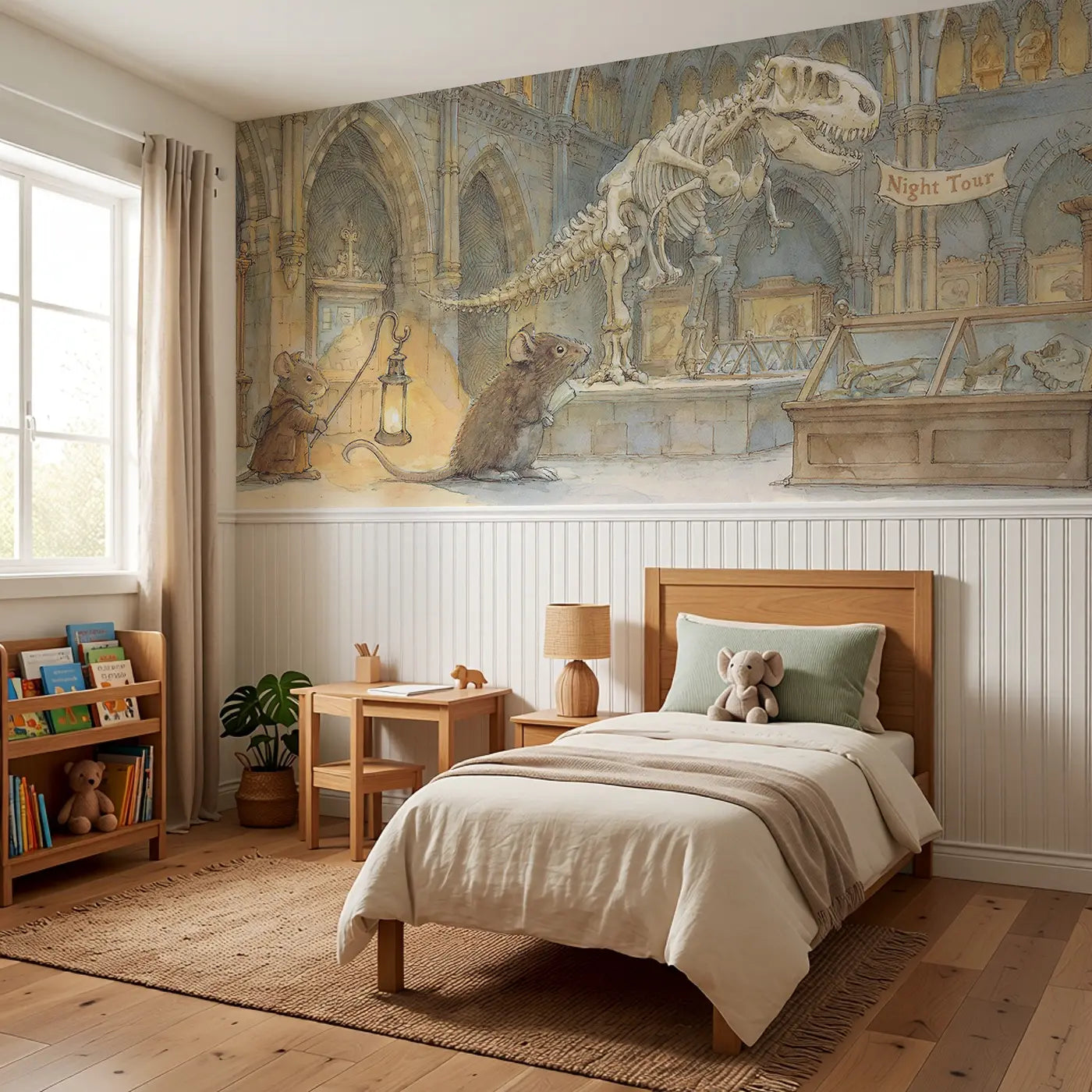 T-Rex Museum Night Tour Wainscoting Wallpaper styled in a kids bedroom by Whimsy Tots