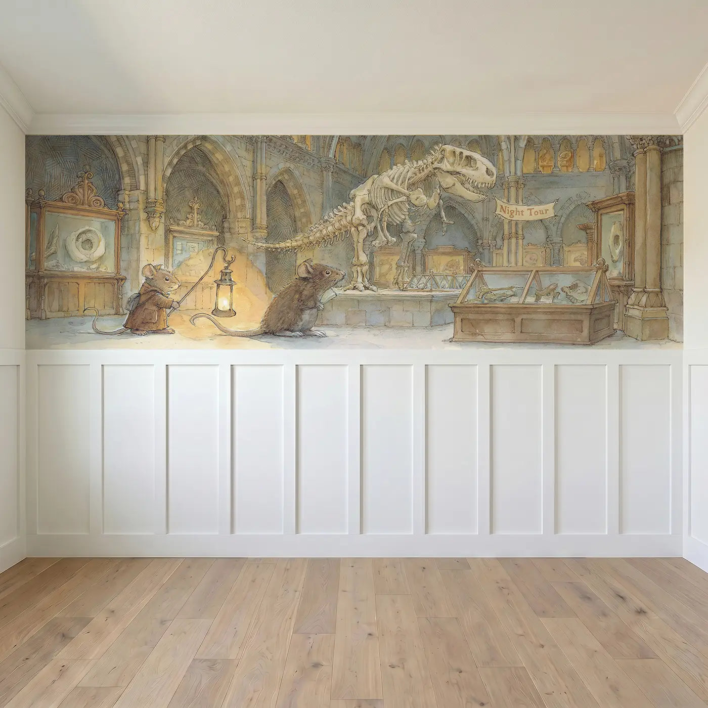 Full panel view of T-Rex Museum Night Tour Wainscoting Wallpaper by Whimsy Tots