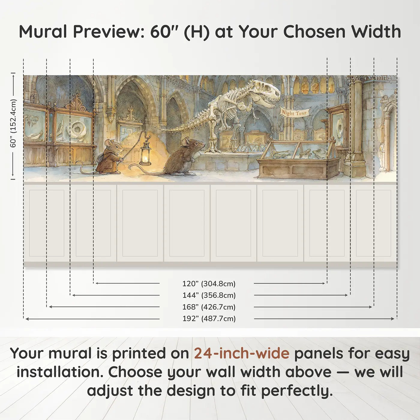 Panel dimensions for T-Rex Museum Night Tour Wainscoting Wallpaper by Whimsy Tots
