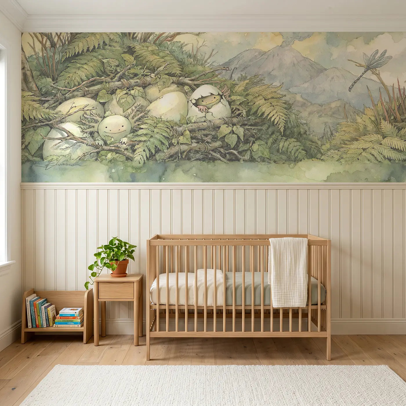Storybook dinosaur egg nest discovery wainscoting wallpaper for nursery by Whimsy Tots