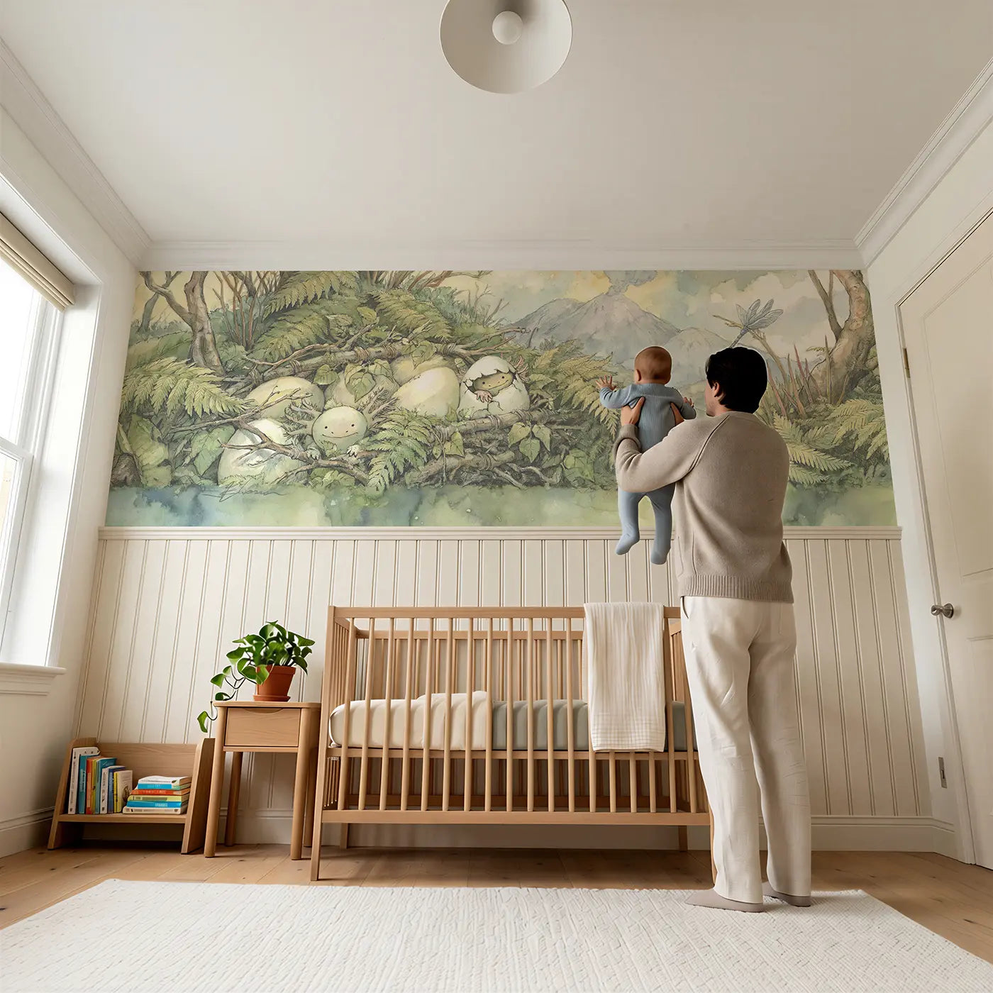 Child reading near Dinosaur Egg Nest Discovery Wainscoting Wallpaper by Whimsy Tots