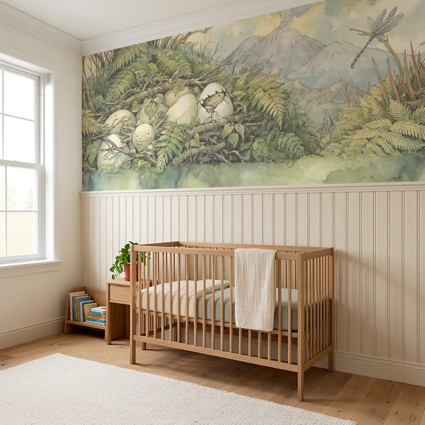 Dinosaur Egg Nest Discovery Wainscoting Wallpaper styled in a kids bedroom by Whimsy Tots