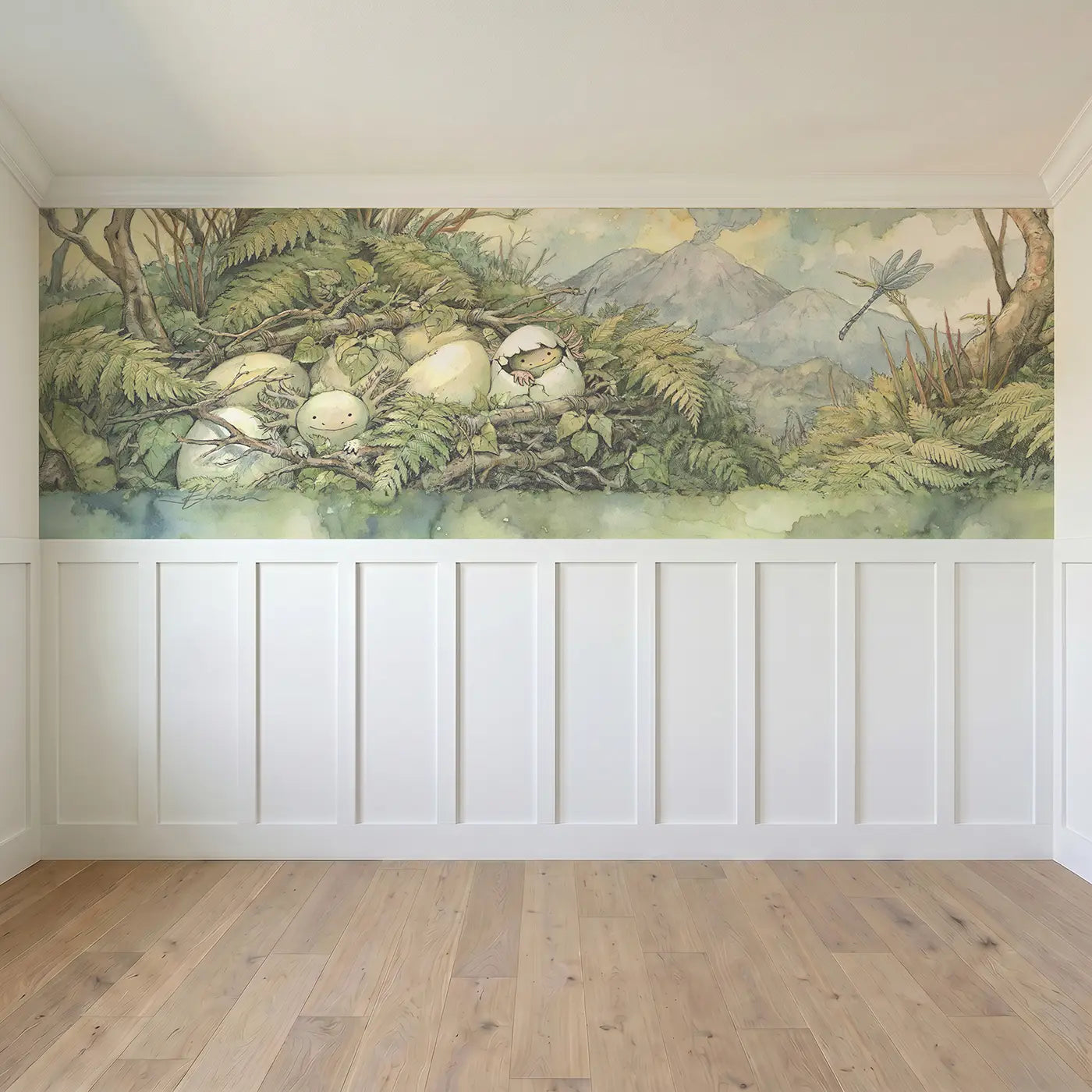 Full panel view of Dinosaur Egg Nest Discovery Wainscoting Wallpaper by Whimsy Tots