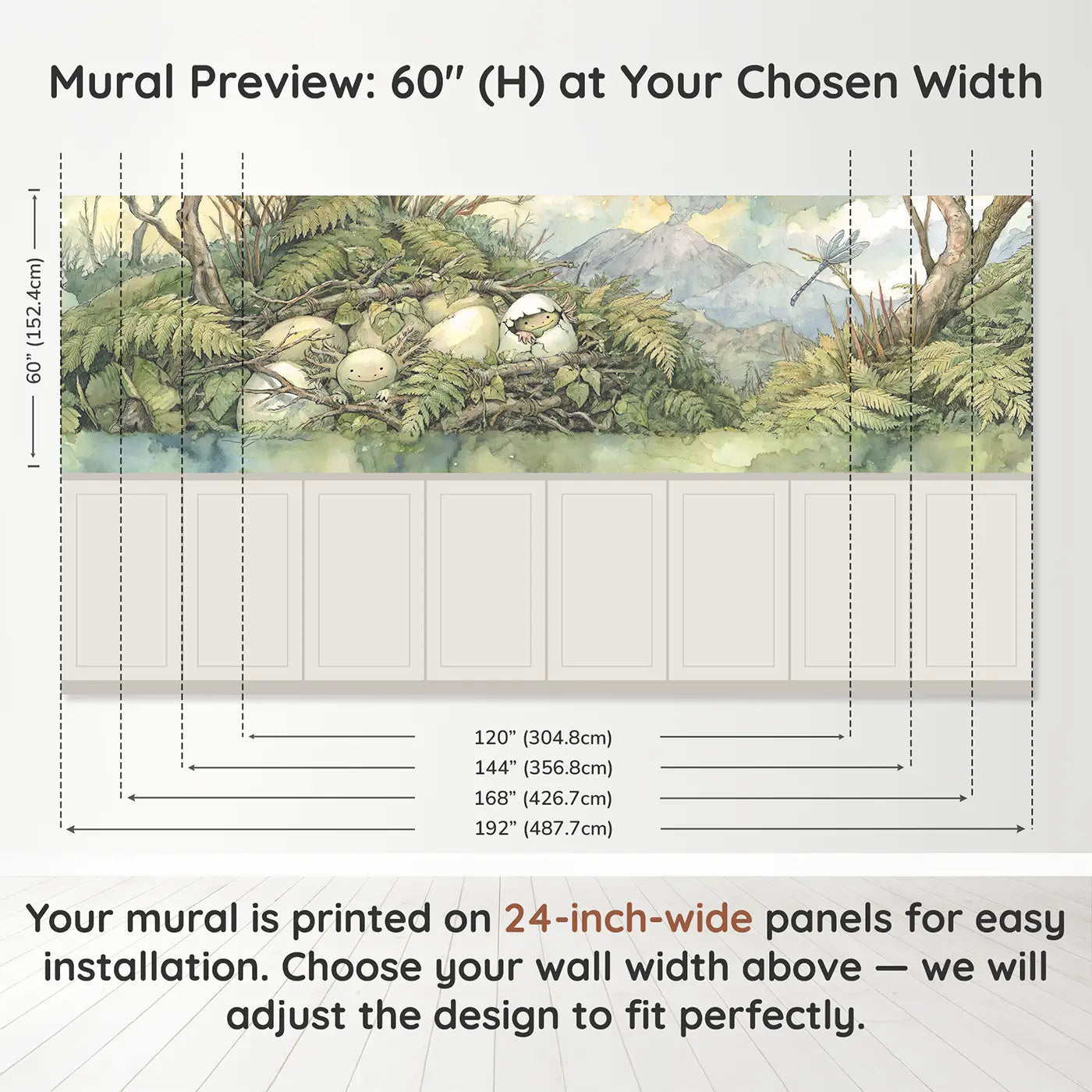 Panel dimensions for Dinosaur Egg Nest Discovery Wainscoting Wallpaper by Whimsy Tots