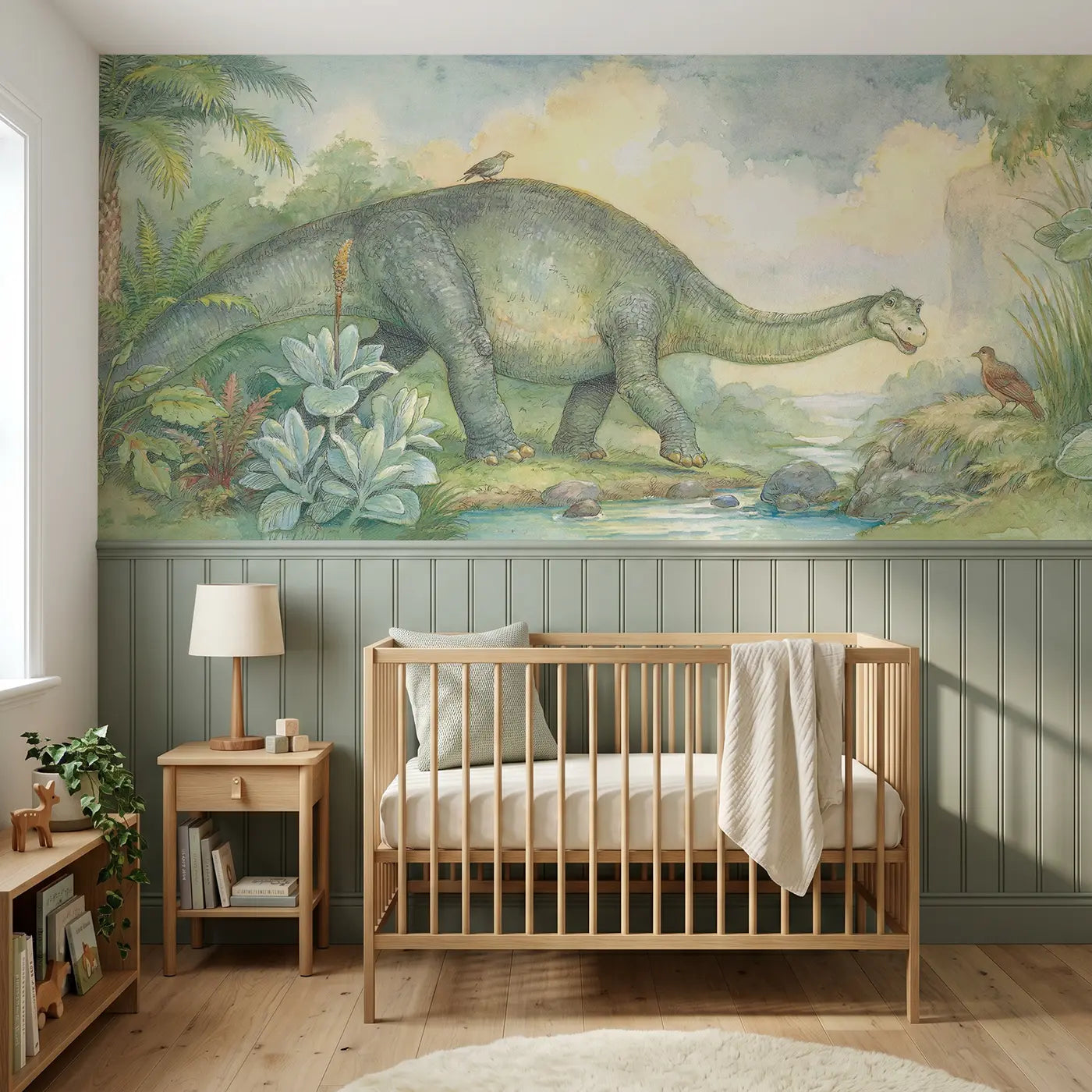 Storybook diplodocus bridge walking wainscoting wallpaper for nursery by Whimsy Tots