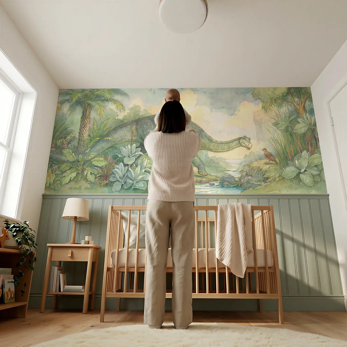 Child reading near Diplodocus Bridge Walking Wainscoting Wallpaper by Whimsy Tots