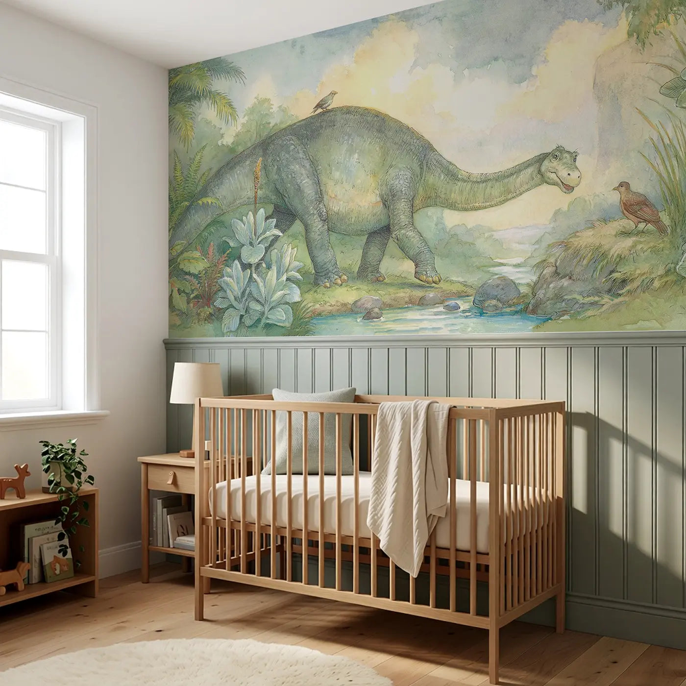 Diplodocus Bridge Walking Wainscoting Wallpaper styled in a kids bedroom by Whimsy Tots