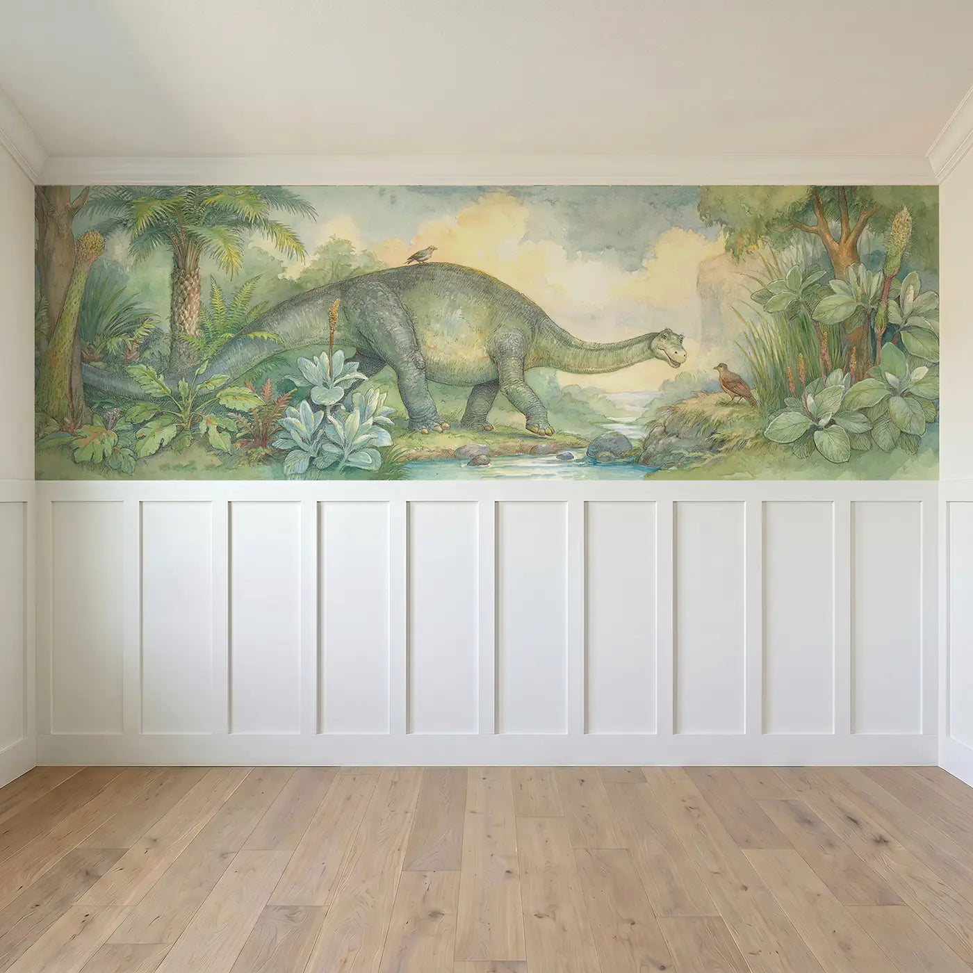 Full panel view of Diplodocus Bridge Walking Wainscoting Wallpaper by Whimsy Tots