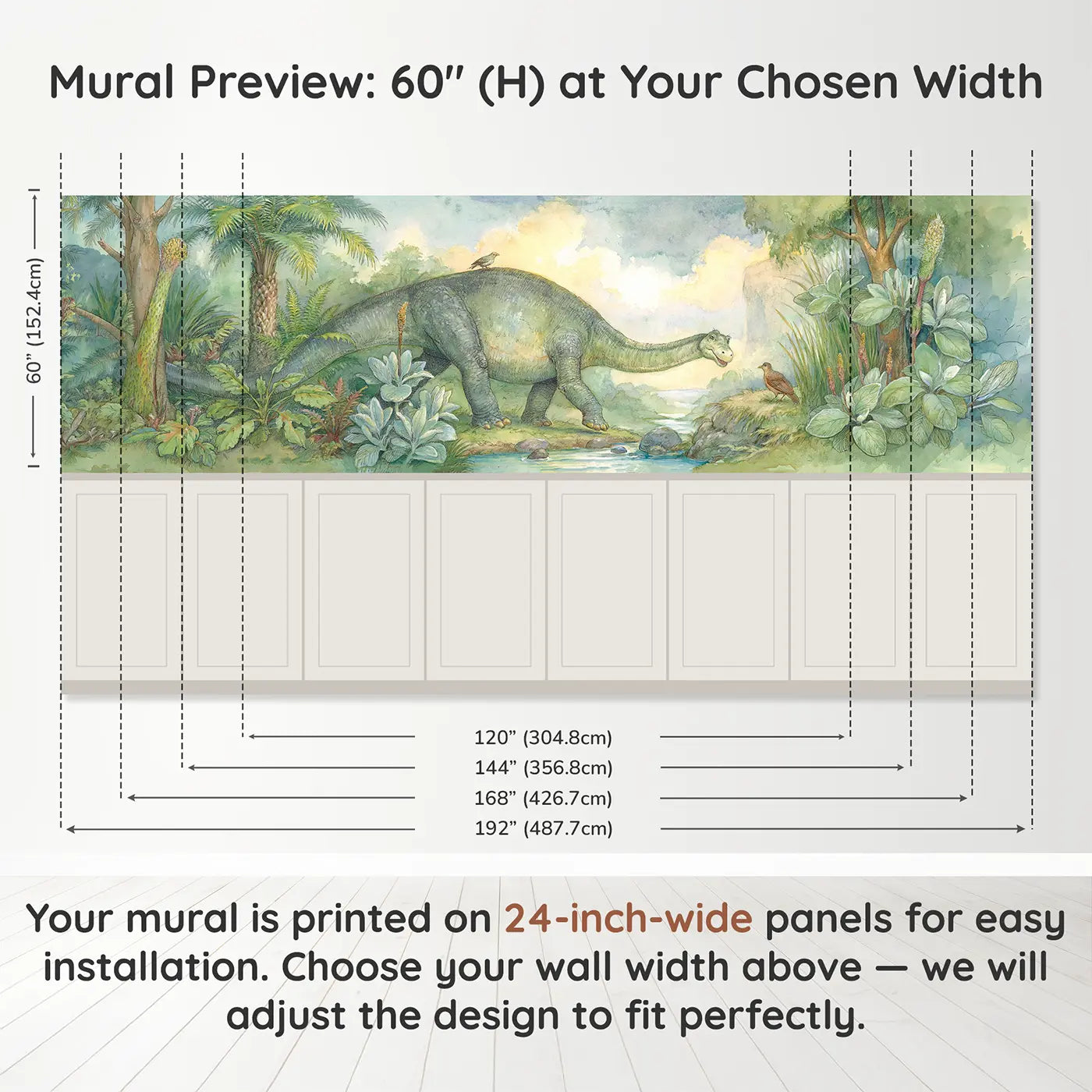 Panel dimensions for Diplodocus Bridge Walking Wainscoting Wallpaper by Whimsy Tots