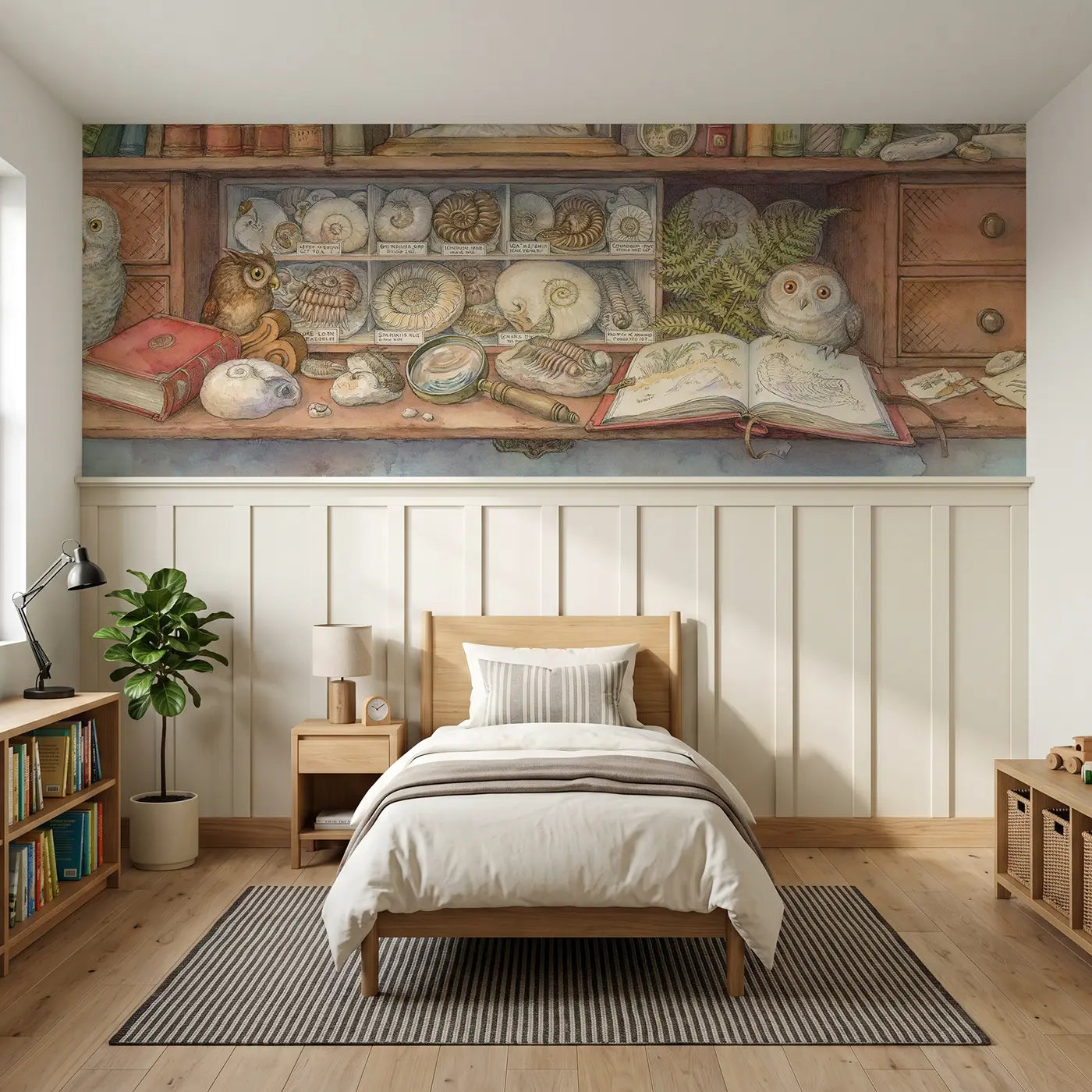 Storybook fossil collection study wainscoting wallpaper for bedroom by Whimsy Tots
