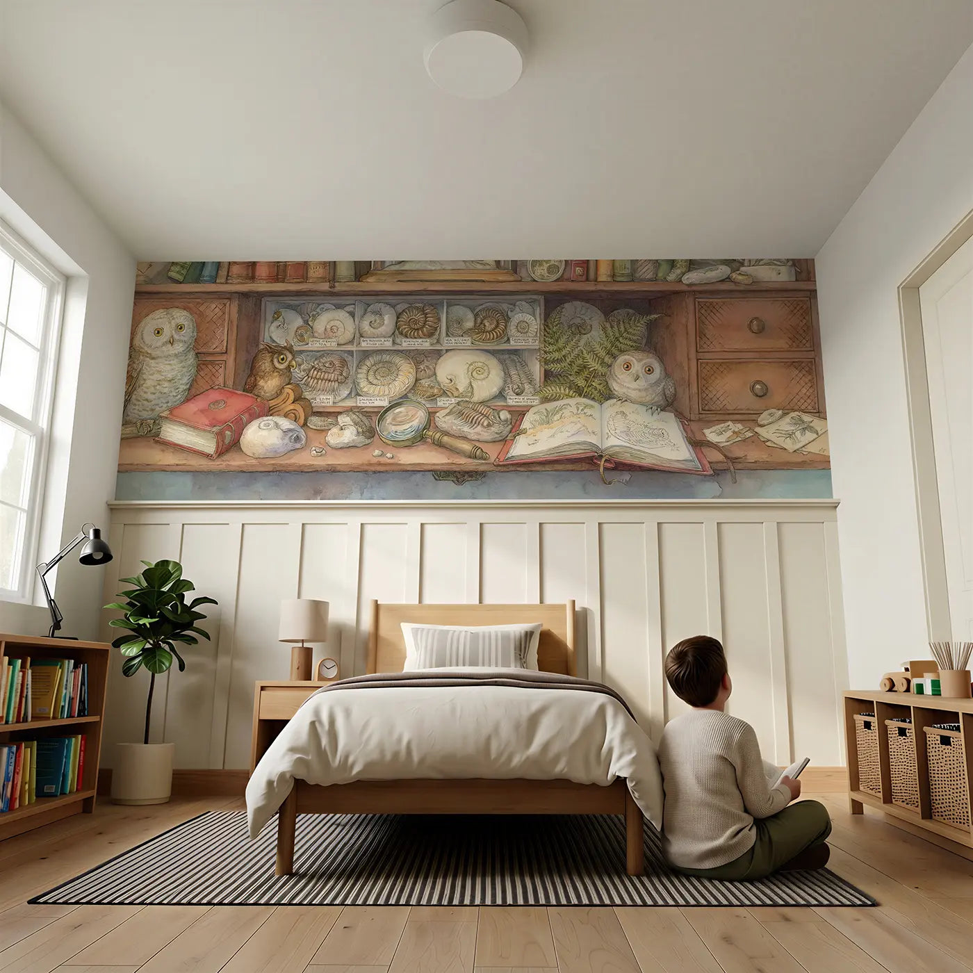 Child reading near Fossil Collection Study Wainscoting Wallpaper by Whimsy Tots
