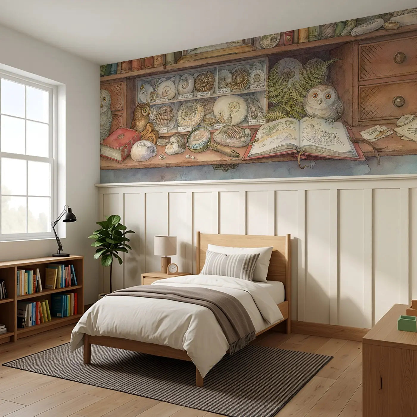 Fossil Collection Study Wainscoting Wallpaper styled in a kids bedroom by Whimsy Tots