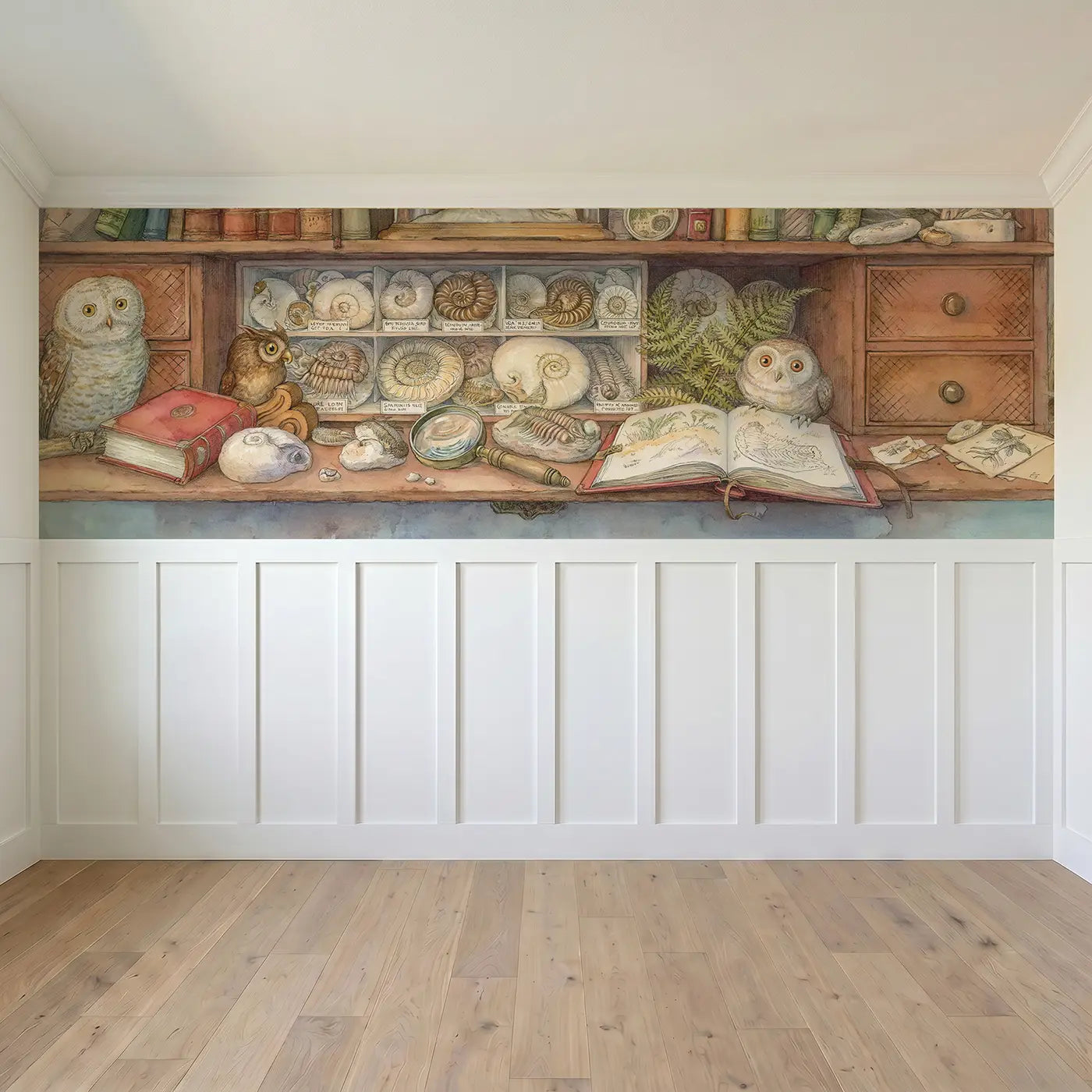 Full panel view of Fossil Collection Study Wainscoting Wallpaper by Whimsy Tots