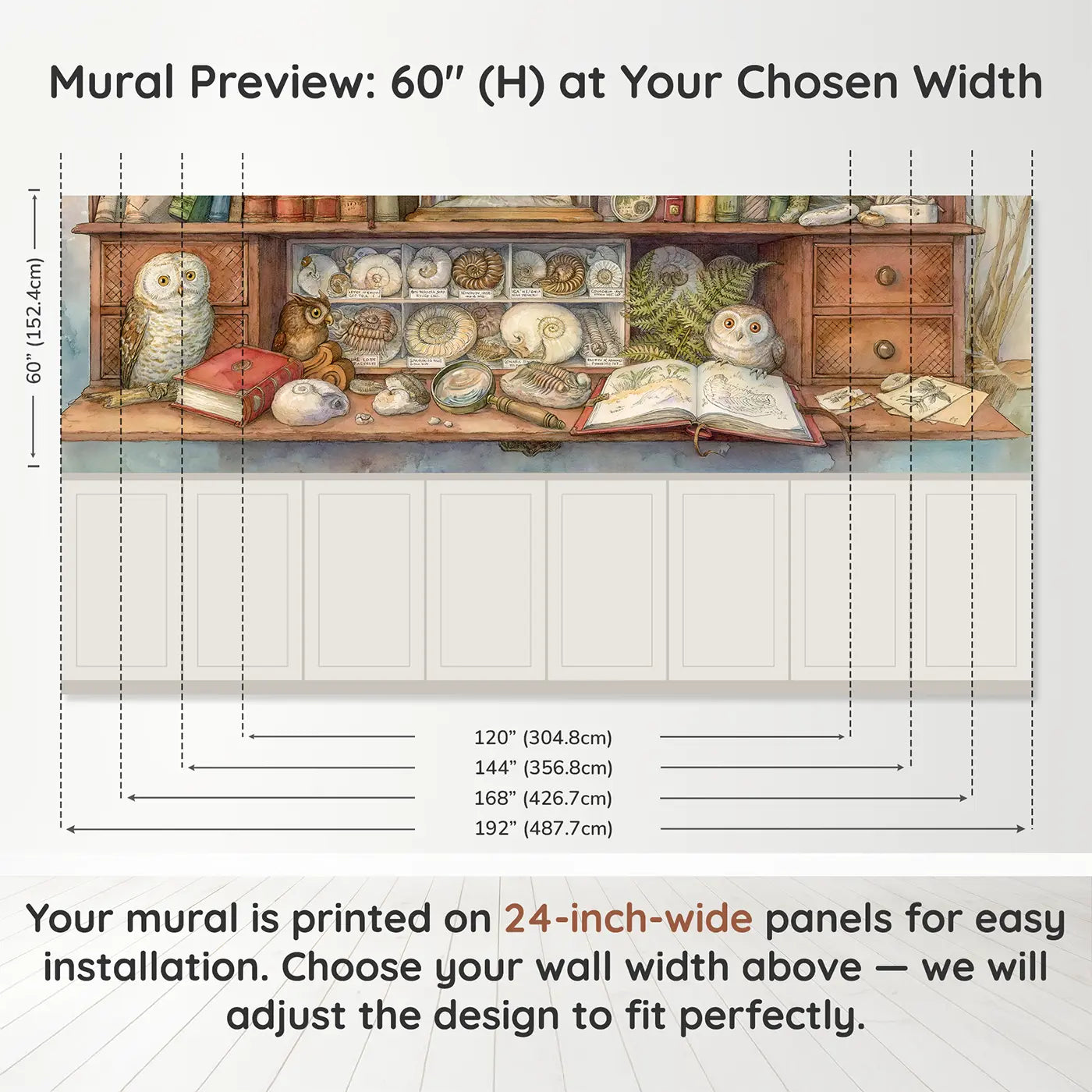 Panel dimensions for Fossil Collection Study Wainscoting Wallpaper by Whimsy Tots