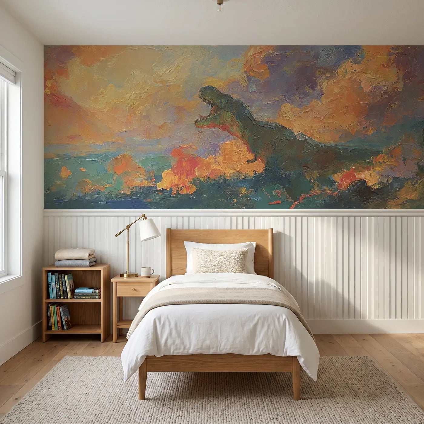 Painted Landscape T-Rex volcanic sky drama wainscoting wallpaper for bedroom by Whimsy Tots