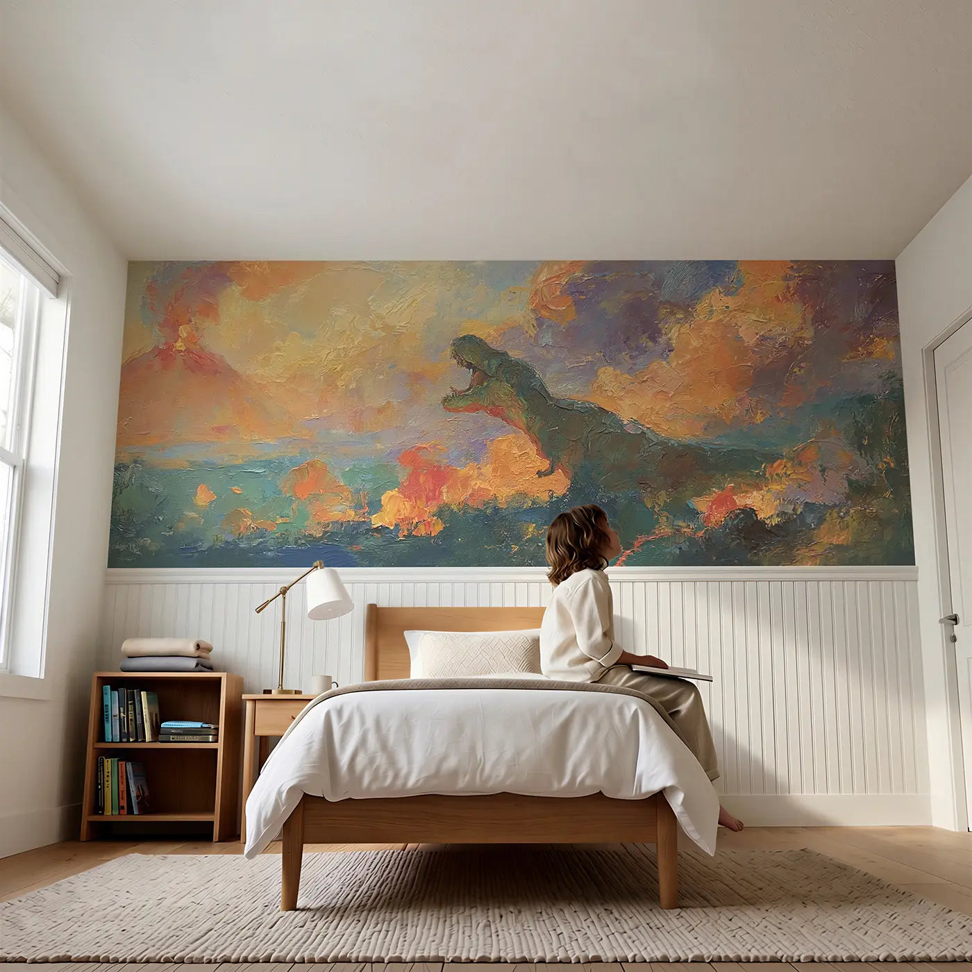 Child reading near T-Rex Volcanic Sky Drama Wainscoting Wallpaper by Whimsy Tots