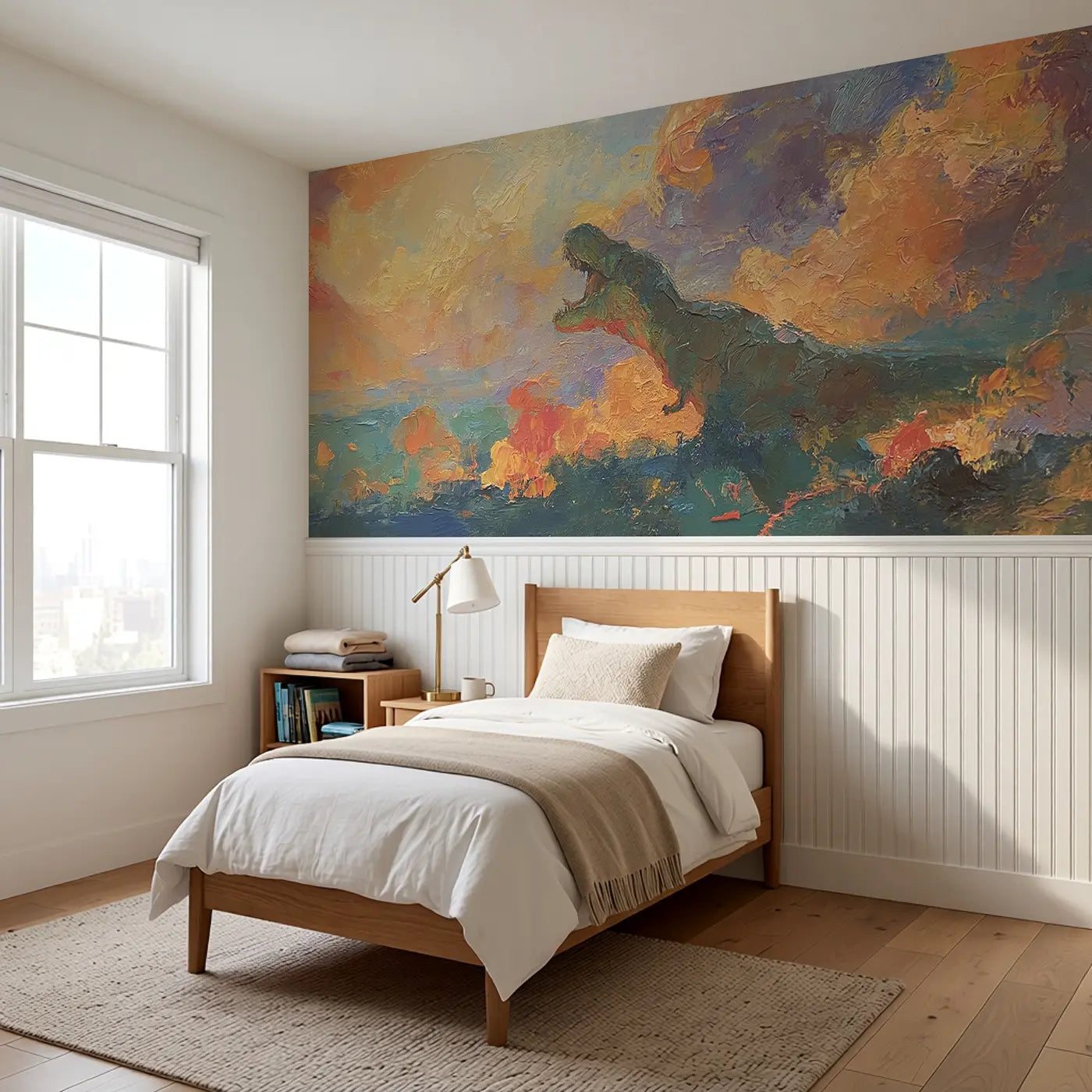 T-Rex Volcanic Sky Drama Wainscoting Wallpaper styled in a kids bedroom by Whimsy Tots