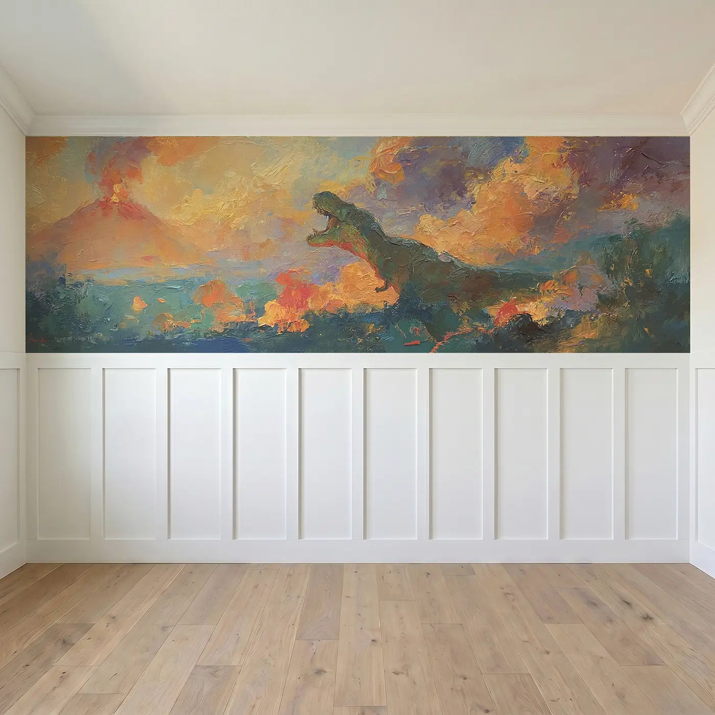 Full panel view of T-Rex Volcanic Sky Drama Wainscoting Wallpaper by Whimsy Tots