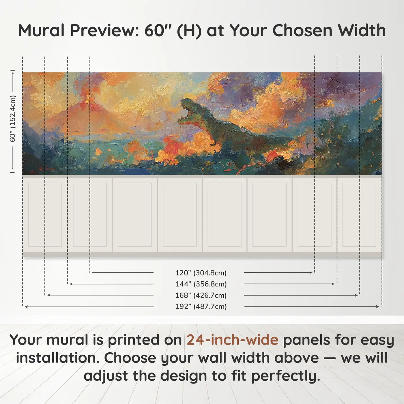 Panel dimensions for T-Rex Volcanic Sky Drama Wainscoting Wallpaper by Whimsy Tots