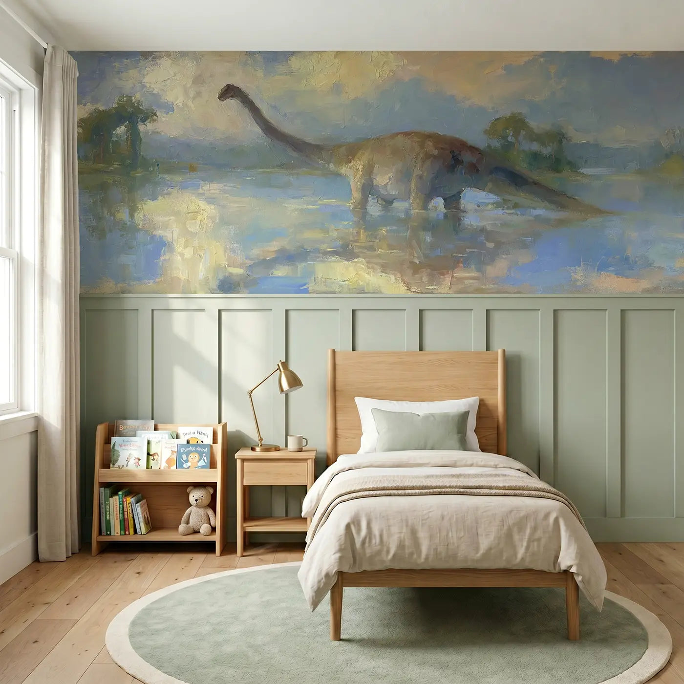 Painted Landscape brontosaurus lake calm wainscoting wallpaper for bedroom by Whimsy Tots