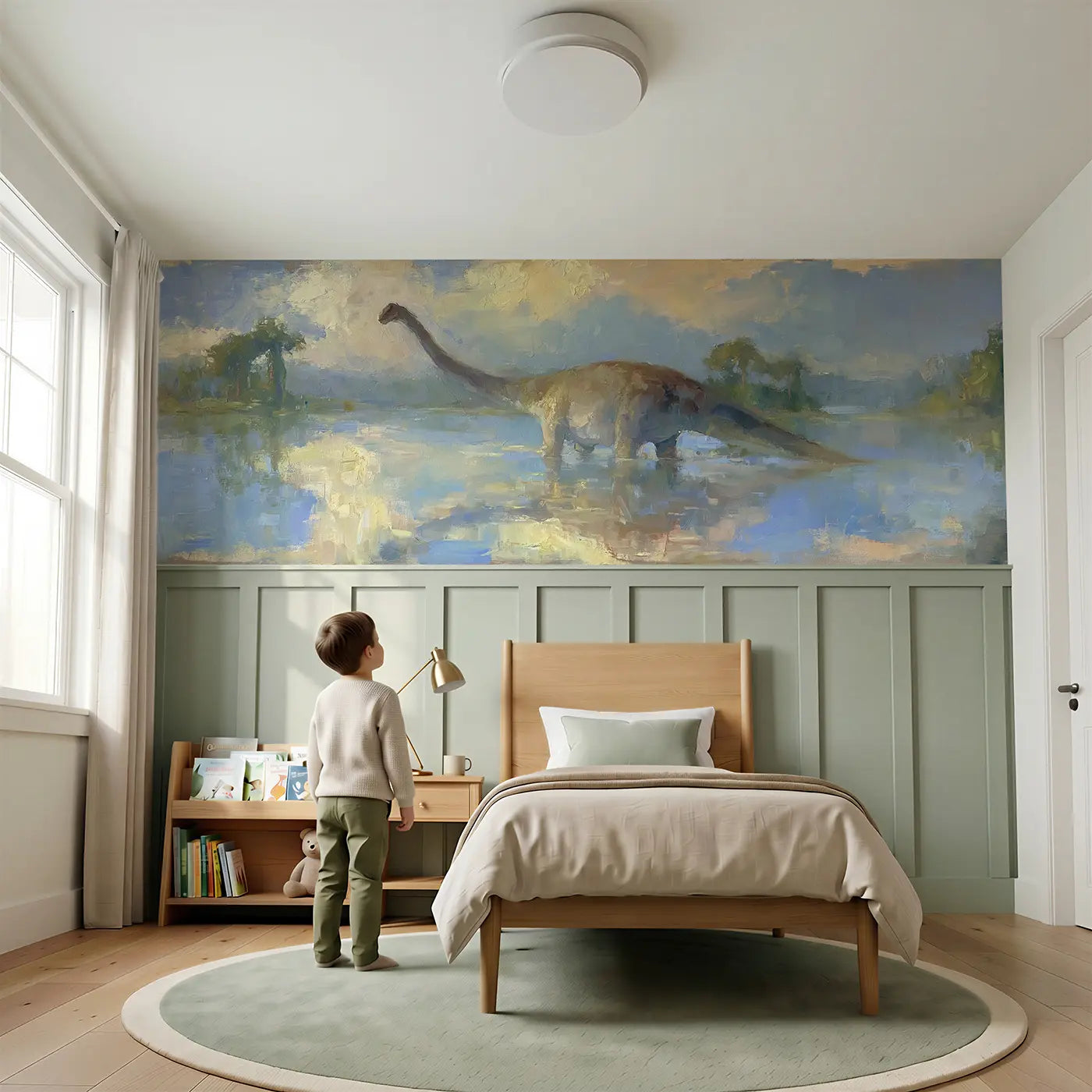 Child reading near Brontosaurus Lake Calm Oil Wainscoting Wallpaper by Whimsy Tots