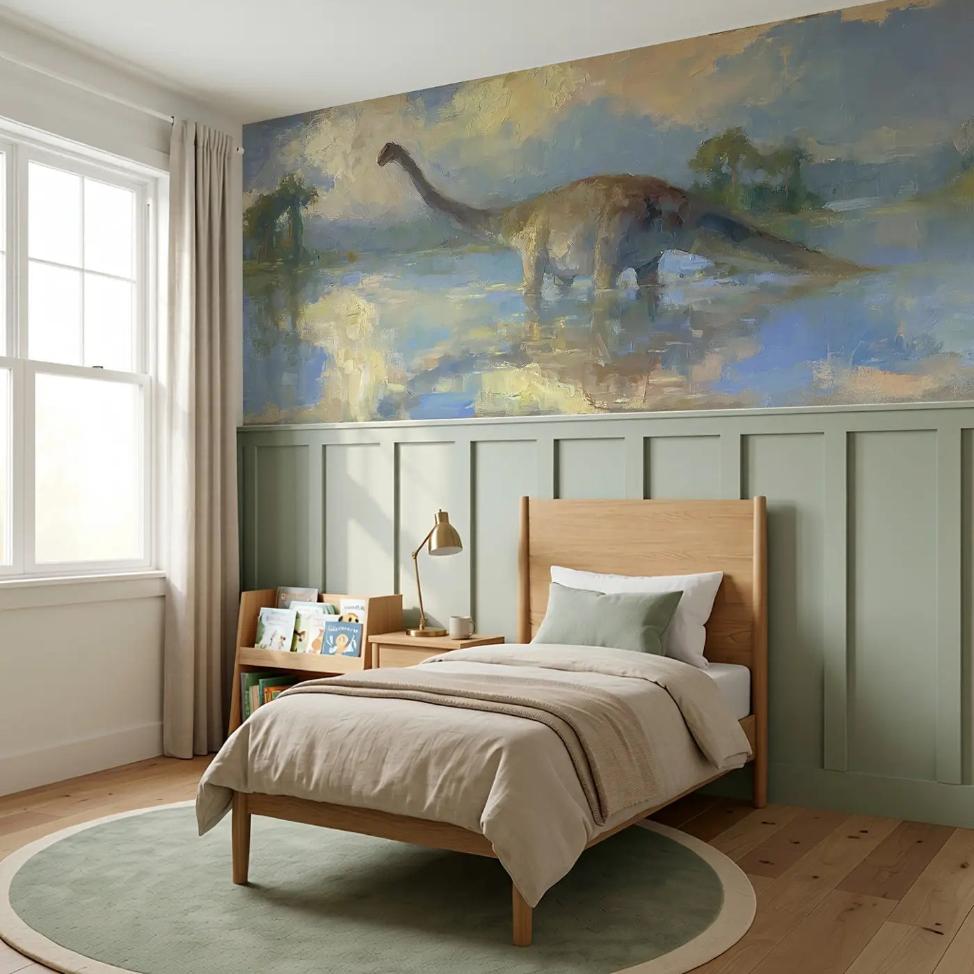 Brontosaurus Lake Calm Oil Wainscoting Wallpaper styled in a kids bedroom by Whimsy Tots