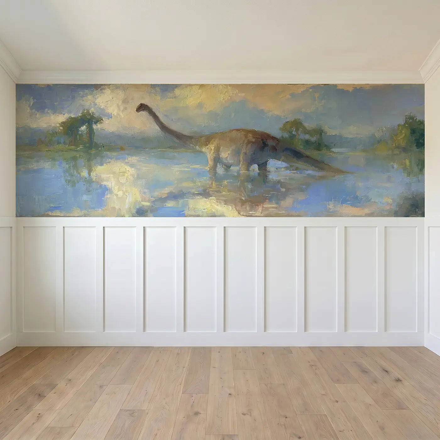Full panel view of Brontosaurus Lake Calm Oil Wainscoting Wallpaper by Whimsy Tots