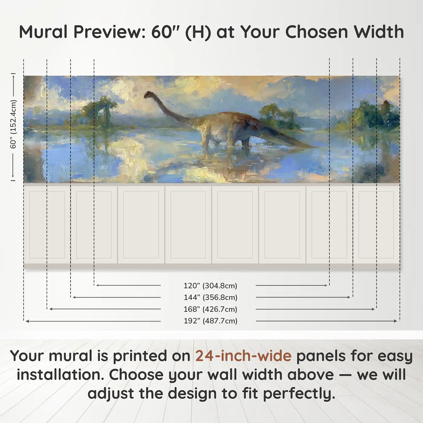 Panel dimensions for Brontosaurus Lake Calm Oil Wainscoting Wallpaper by Whimsy Tots