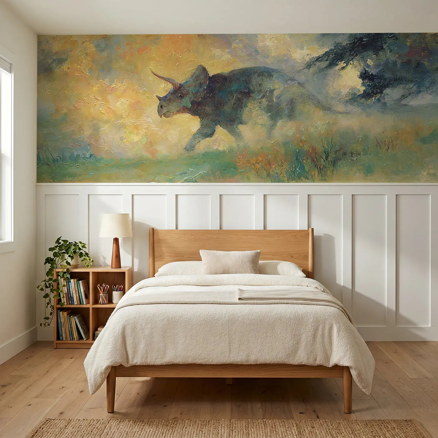 Painted Landscape triceratops charge plains wainscoting wallpaper for bedroom by Whimsy Tots