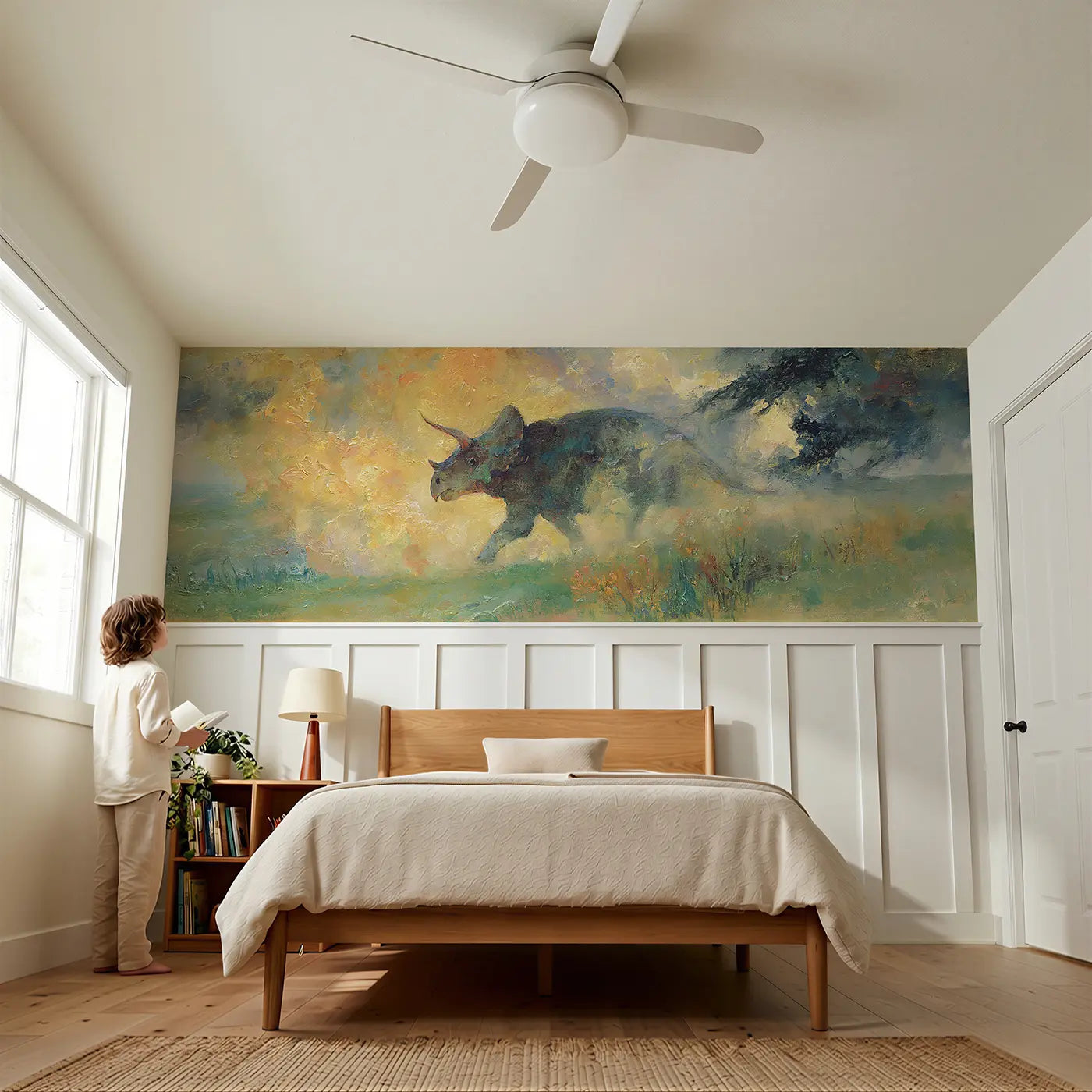 Child reading near Triceratops Charge Plains Oil Wainscoting Wallpaper by Whimsy Tots
