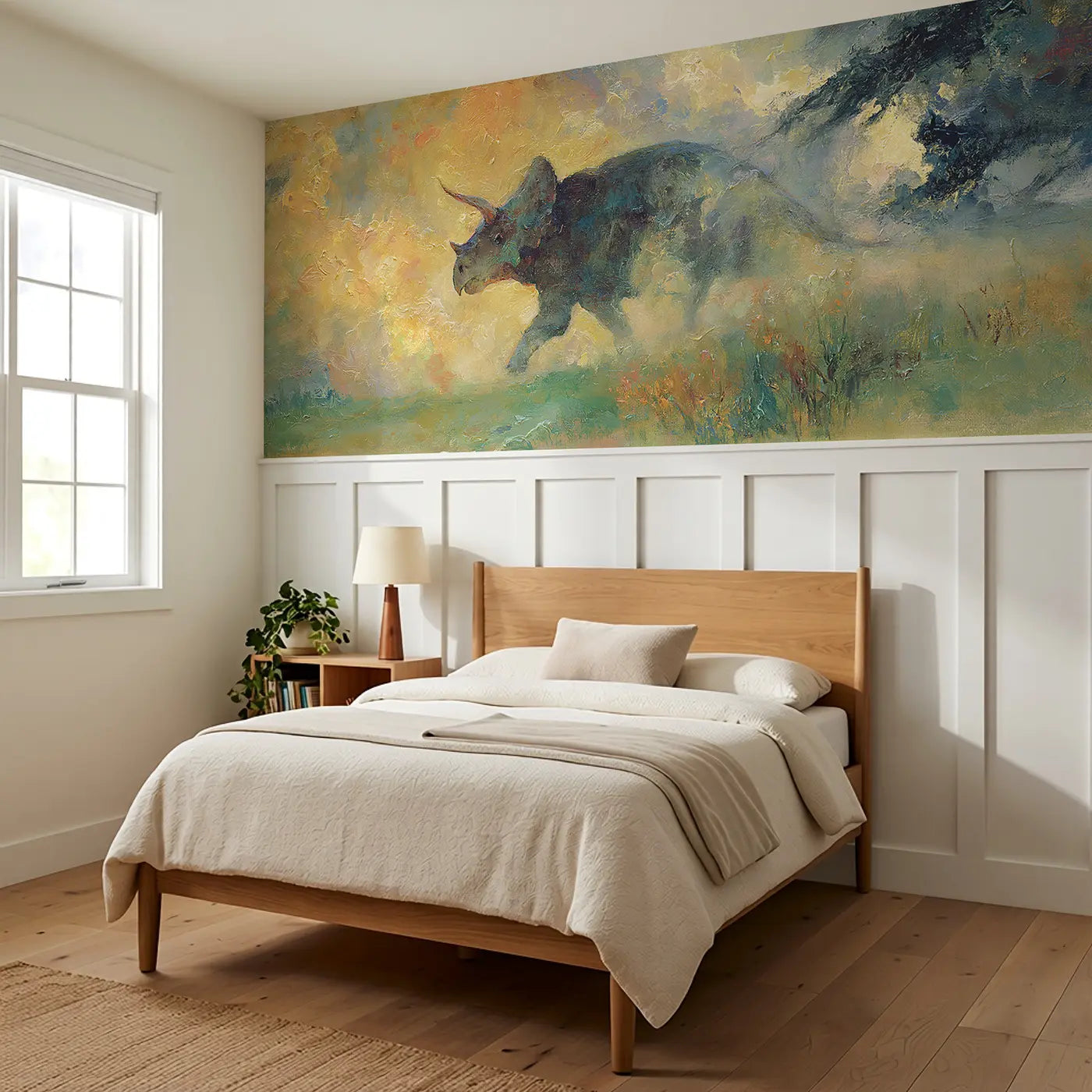 Triceratops Charge Plains Oil Wainscoting Wallpaper styled in a kids bedroom by Whimsy Tots