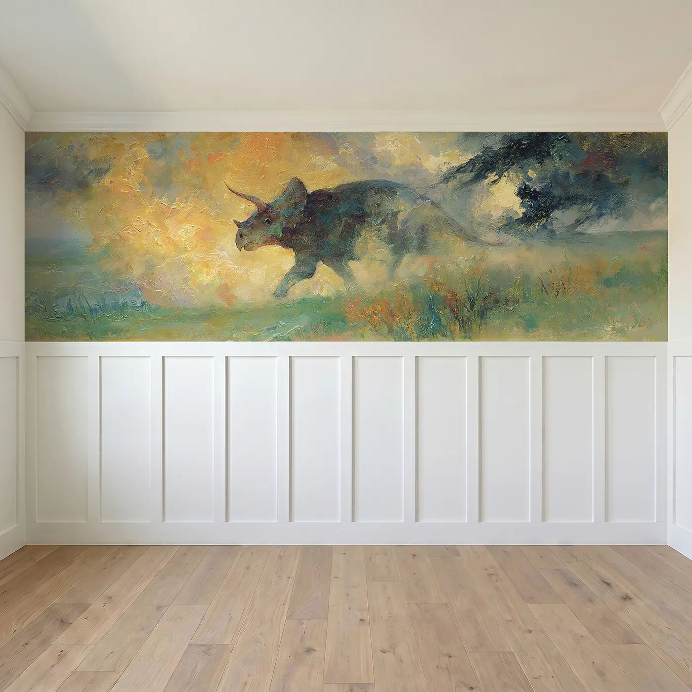 Full panel view of Triceratops Charge Plains Oil Wainscoting Wallpaper by Whimsy Tots