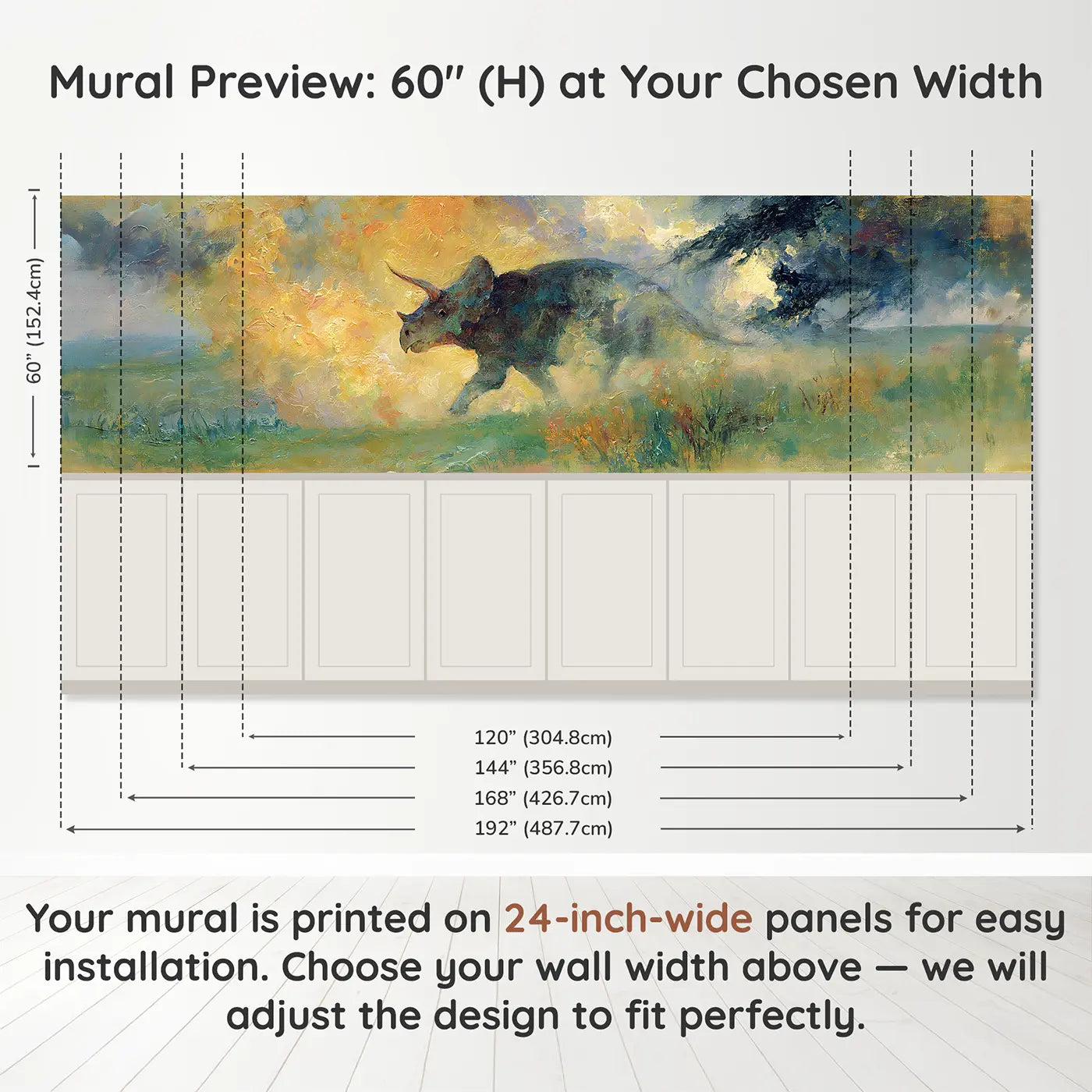 Panel dimensions for Triceratops Charge Plains Oil Wainscoting Wallpaper by Whimsy Tots