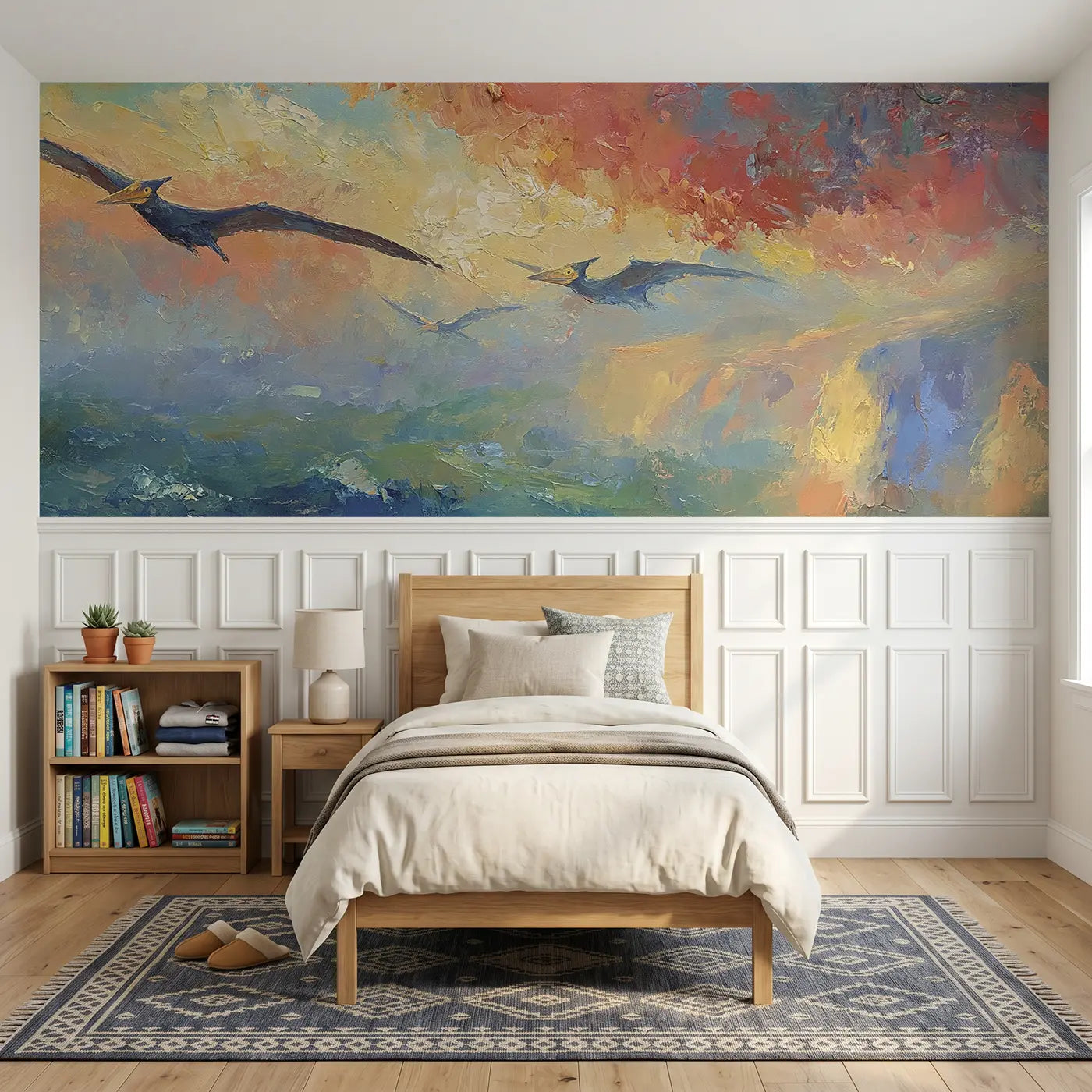 Painted Landscape pteranodon sunset cliffs wainscoting wallpaper for bedroom by Whimsy Tots
