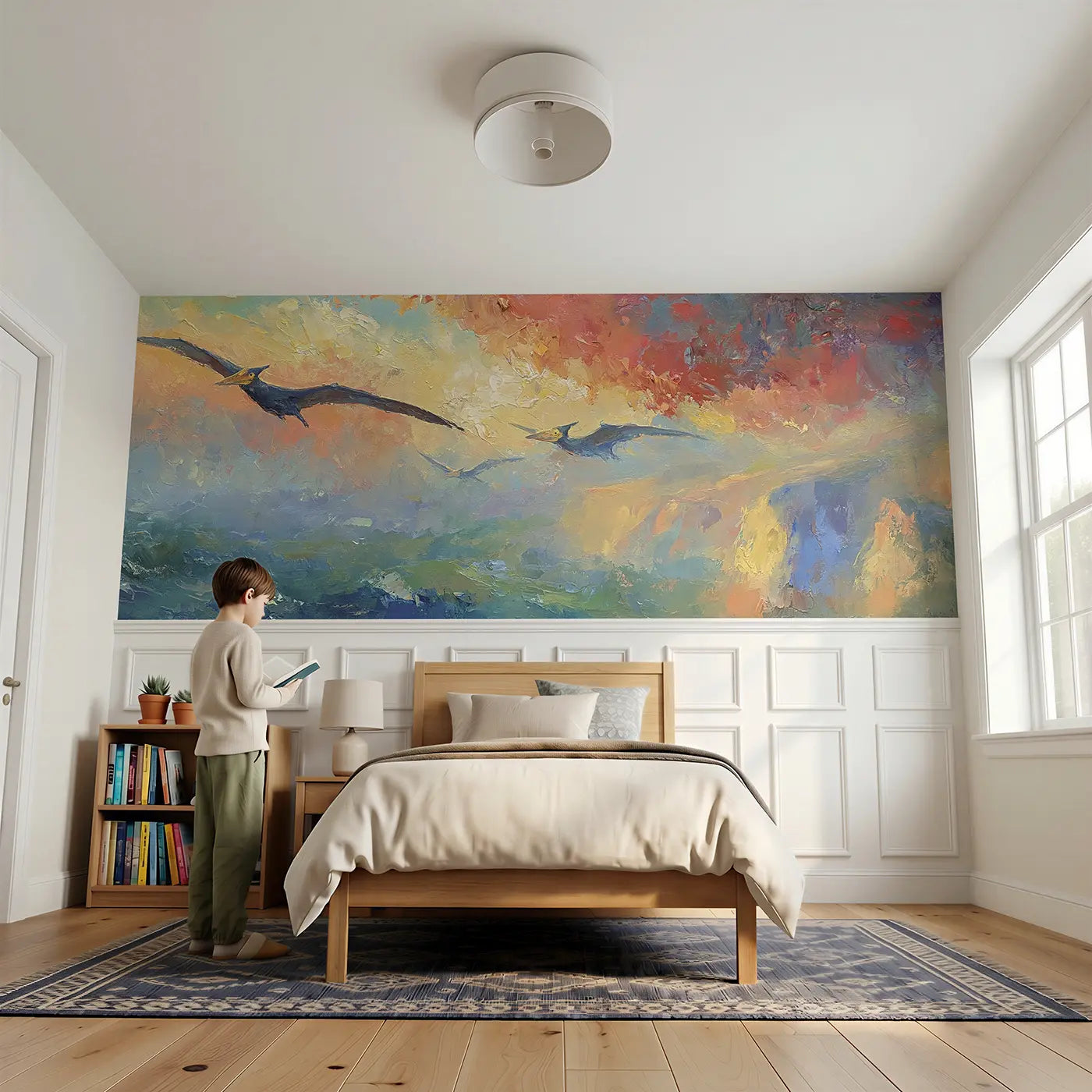 Child reading near Pteranodon Sunset Cliffs Oil Wainscoting Wallpaper by Whimsy Tots