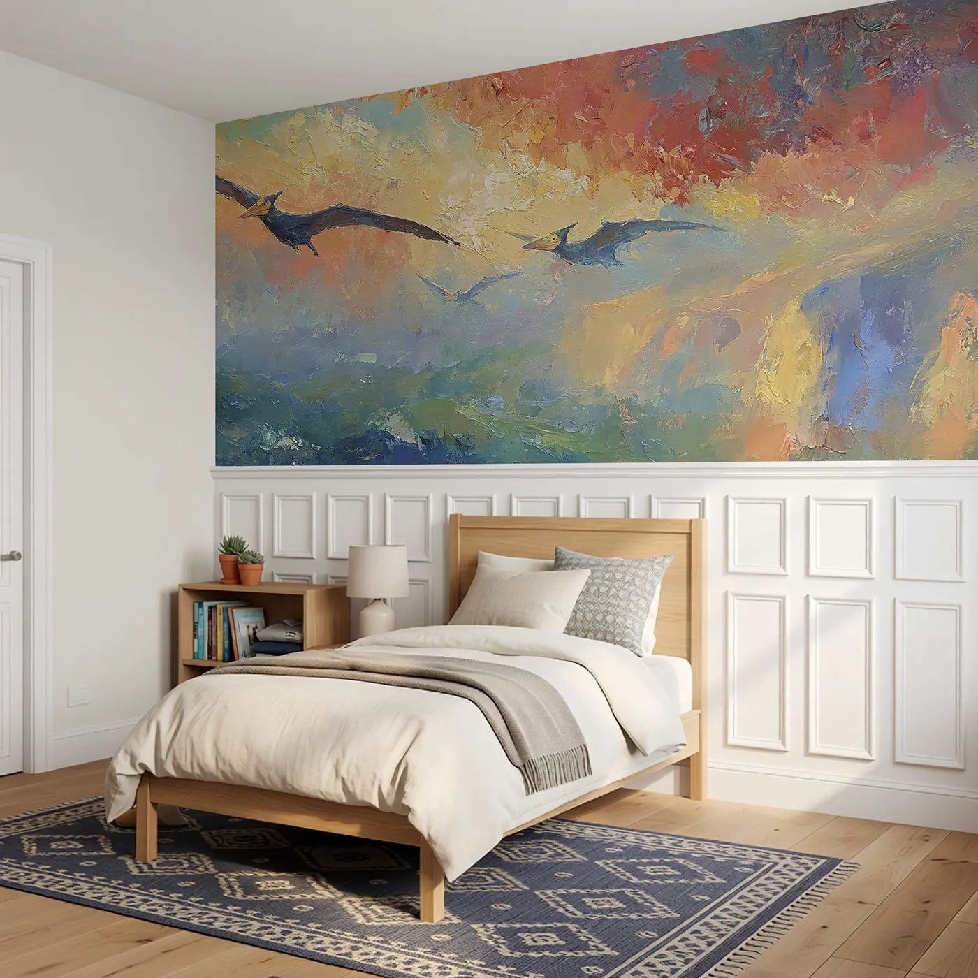Pteranodon Sunset Cliffs Oil Wainscoting Wallpaper styled in a kids bedroom by Whimsy Tots