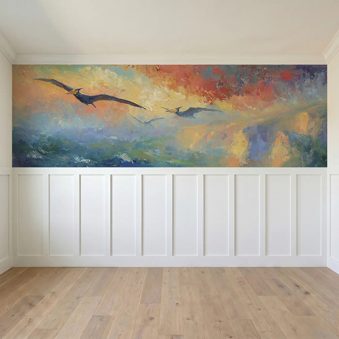 Full panel view of Pteranodon Sunset Cliffs Oil Wainscoting Wallpaper by Whimsy Tots
