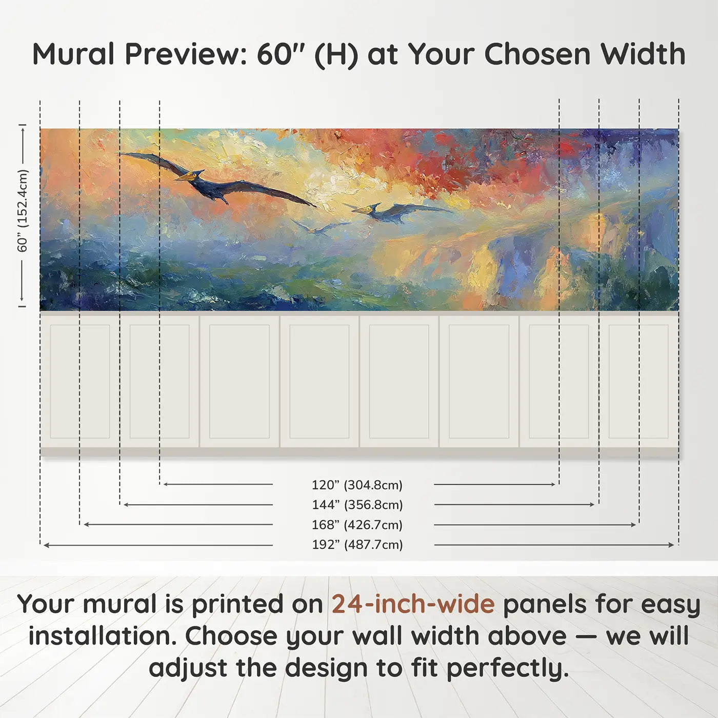 Panel dimensions for Pteranodon Sunset Cliffs Oil Wainscoting Wallpaper by Whimsy Tots
